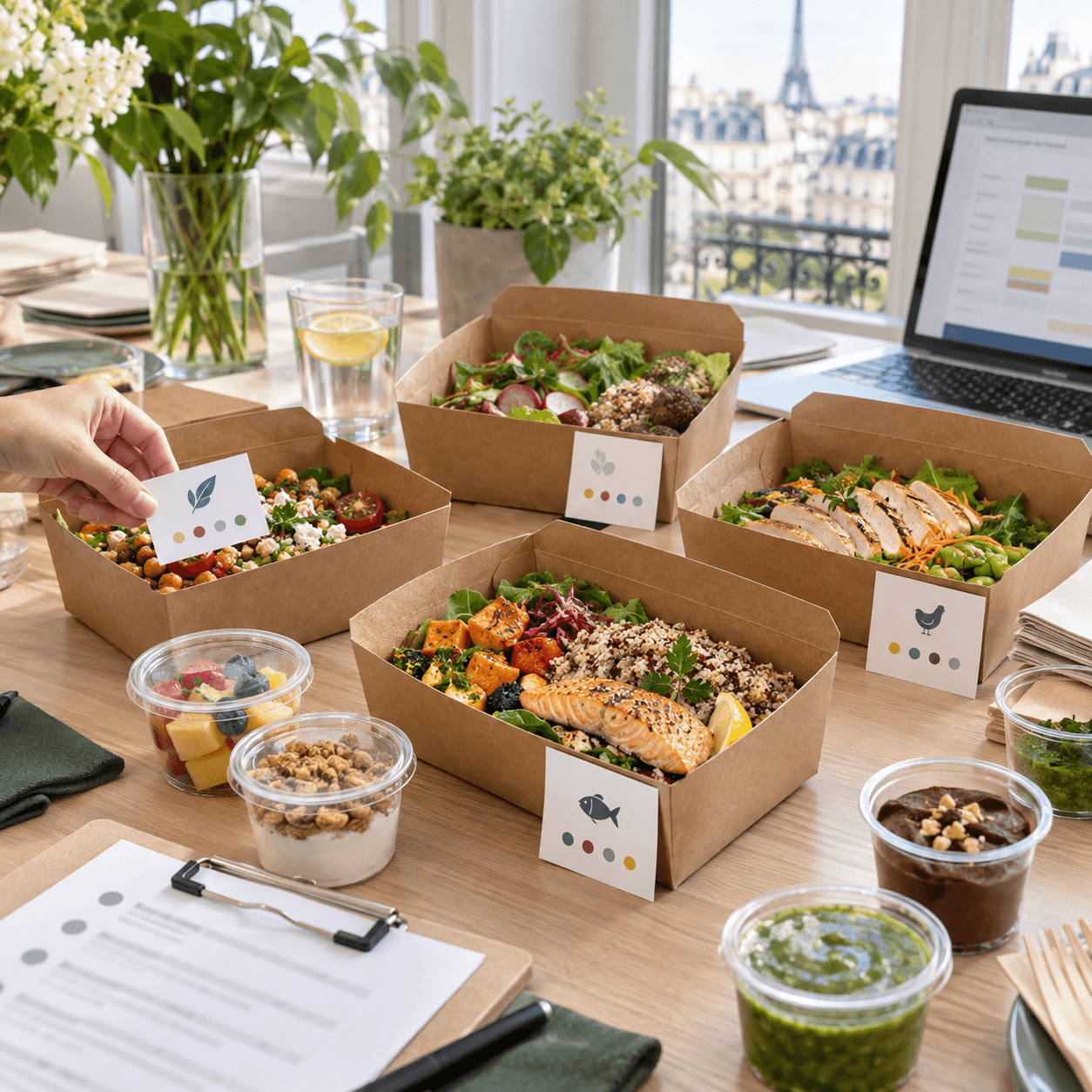 Boxes déjeuner au bureau avec cartes d’information allergènes abstraites, desserts et fiche de contrôle sur une table lumineuse