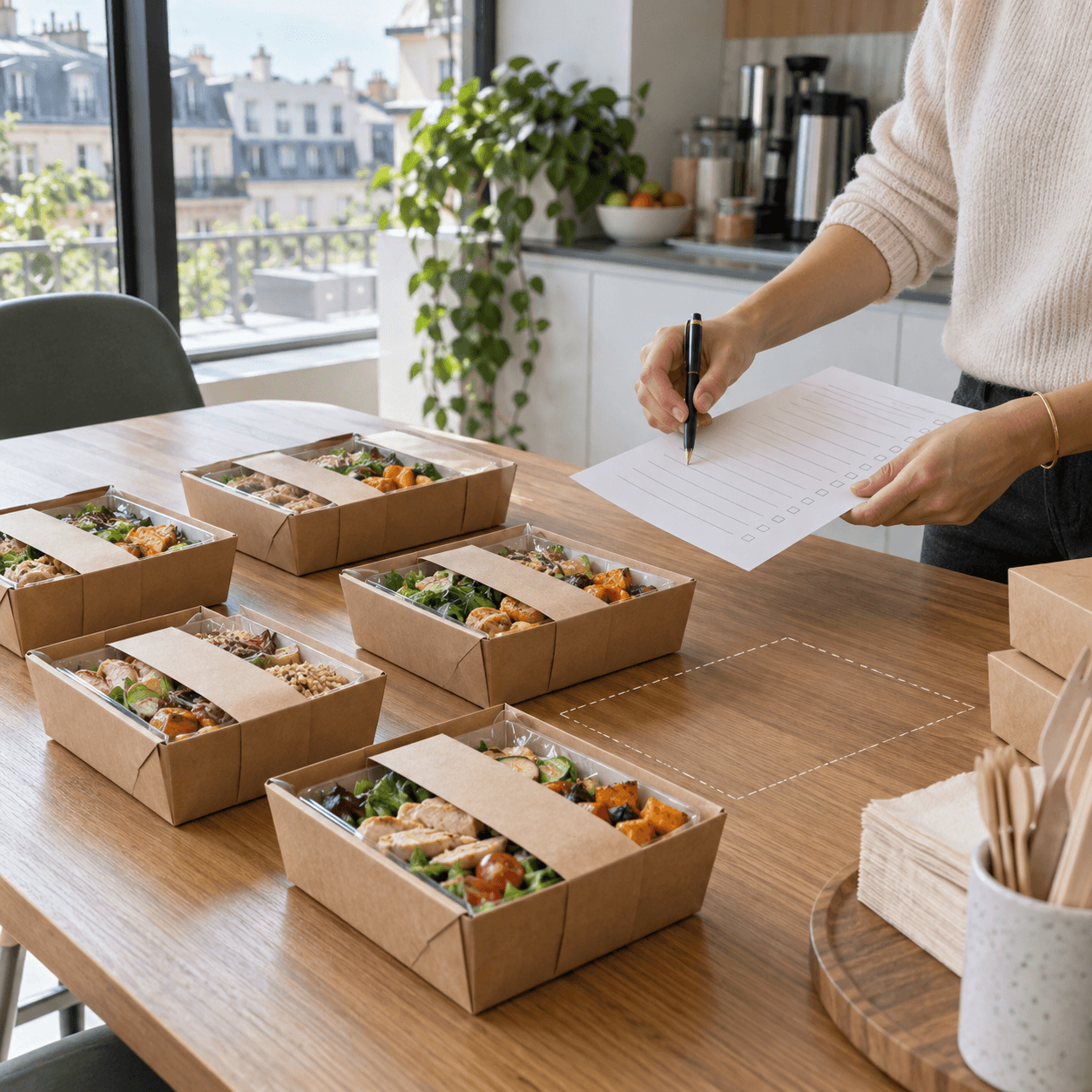 Une organisatrice vérifie le nombre de boxes déjeuner reçues sur une table de bureau