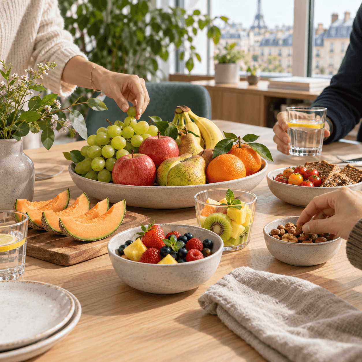 Fruits frais et petites collations disposés sur une table de pause au bureau