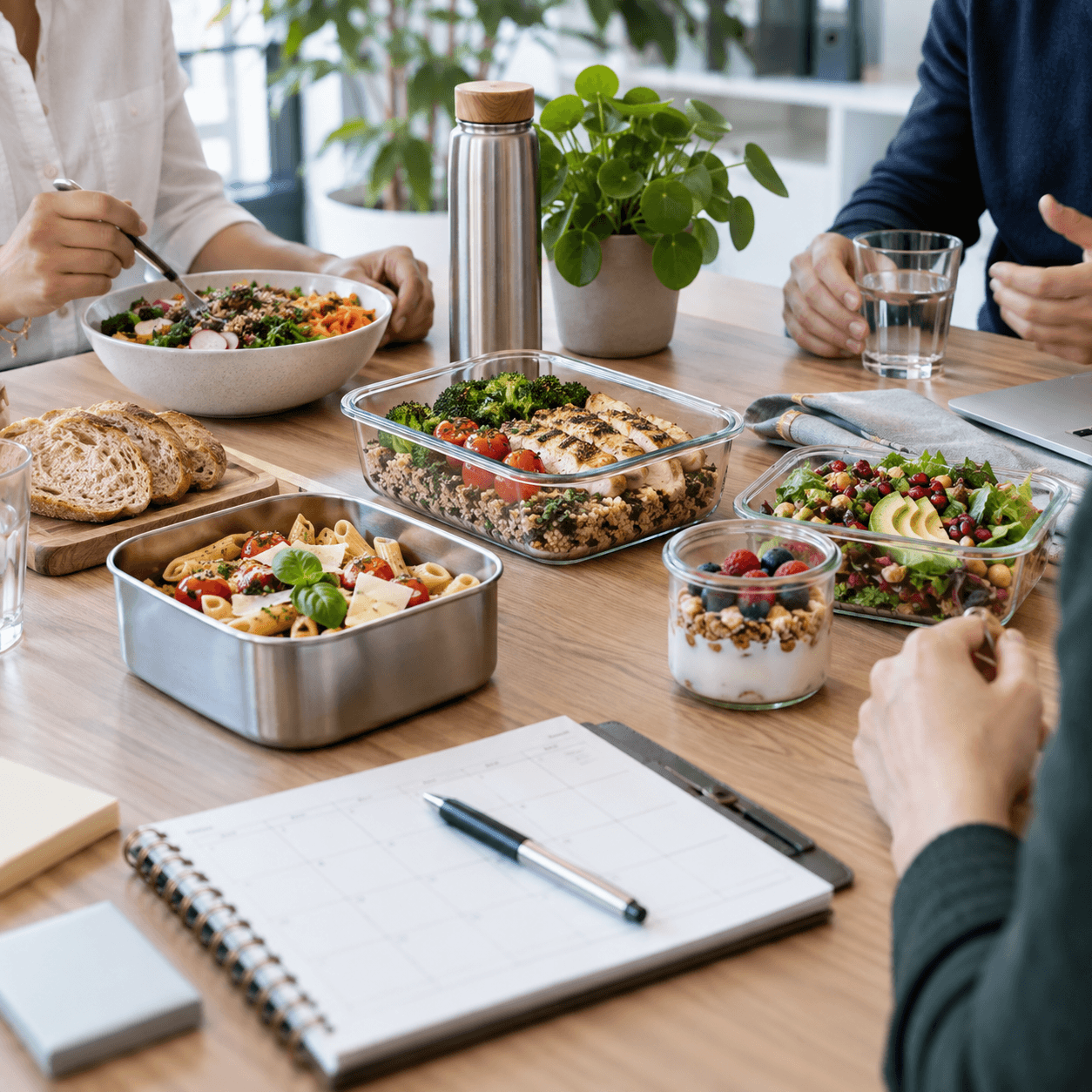 Repas d'équipe et carnet de planification posés sur une table de bureau