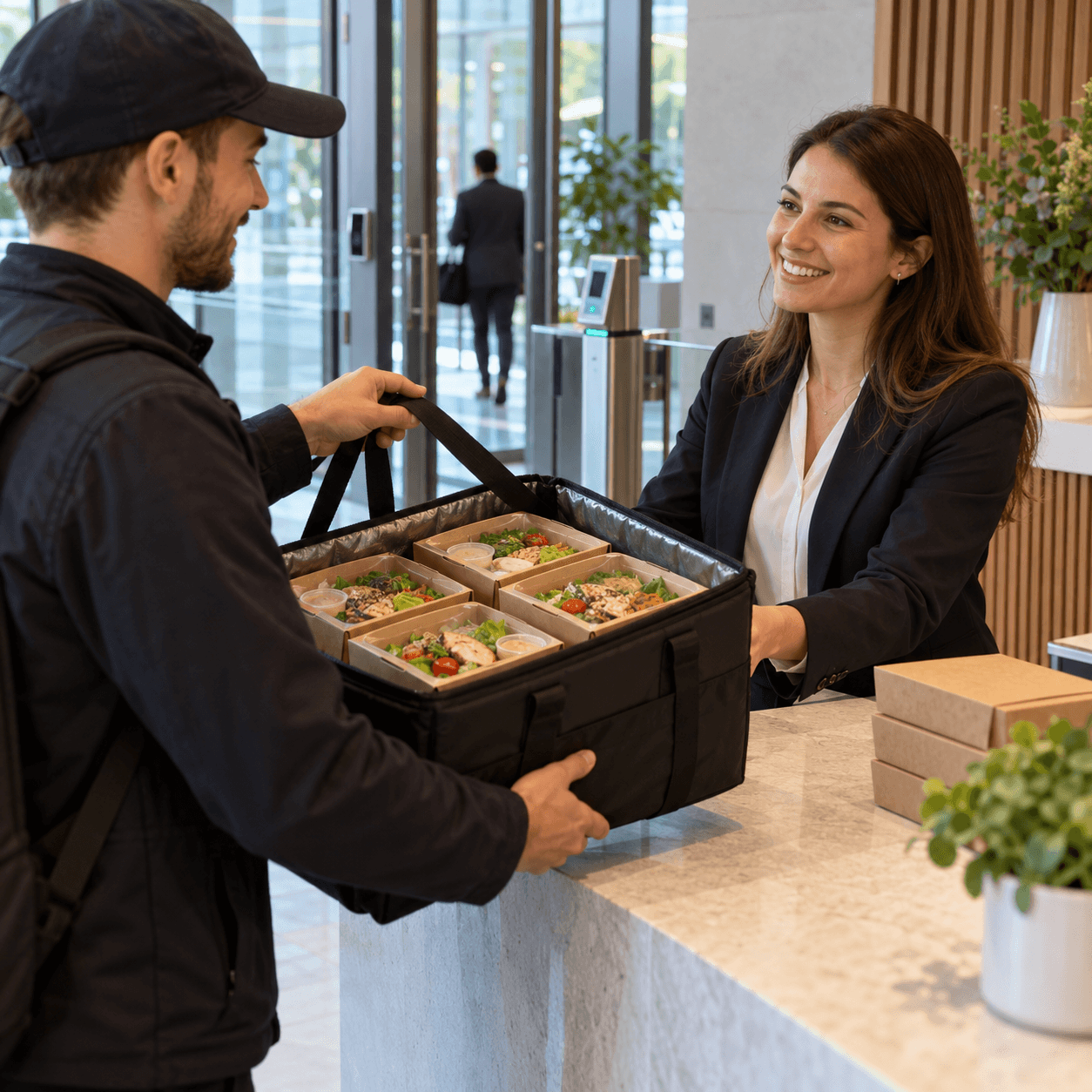 Remise de boxes déjeuner dans le hall d’un bureau avec lecteur de badge et entrée contrôlée