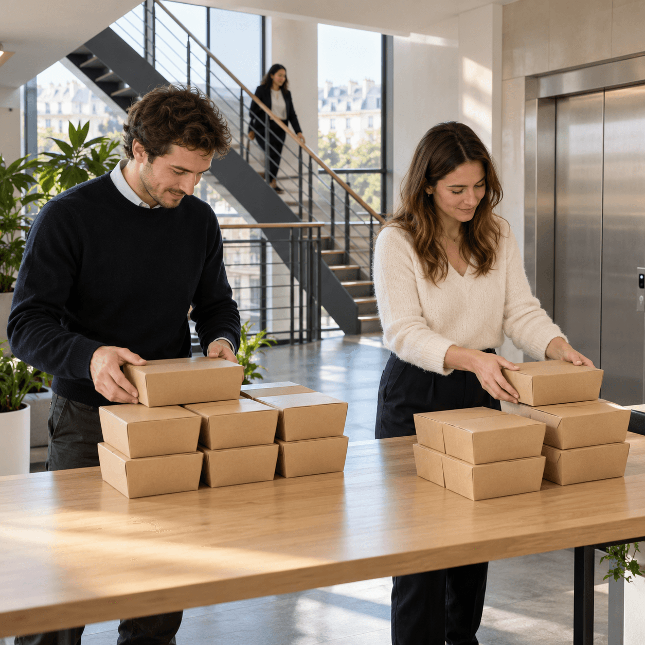 Deux collègues répartissent des boxes déjeuner sur une table dans un bureau à plusieurs étages