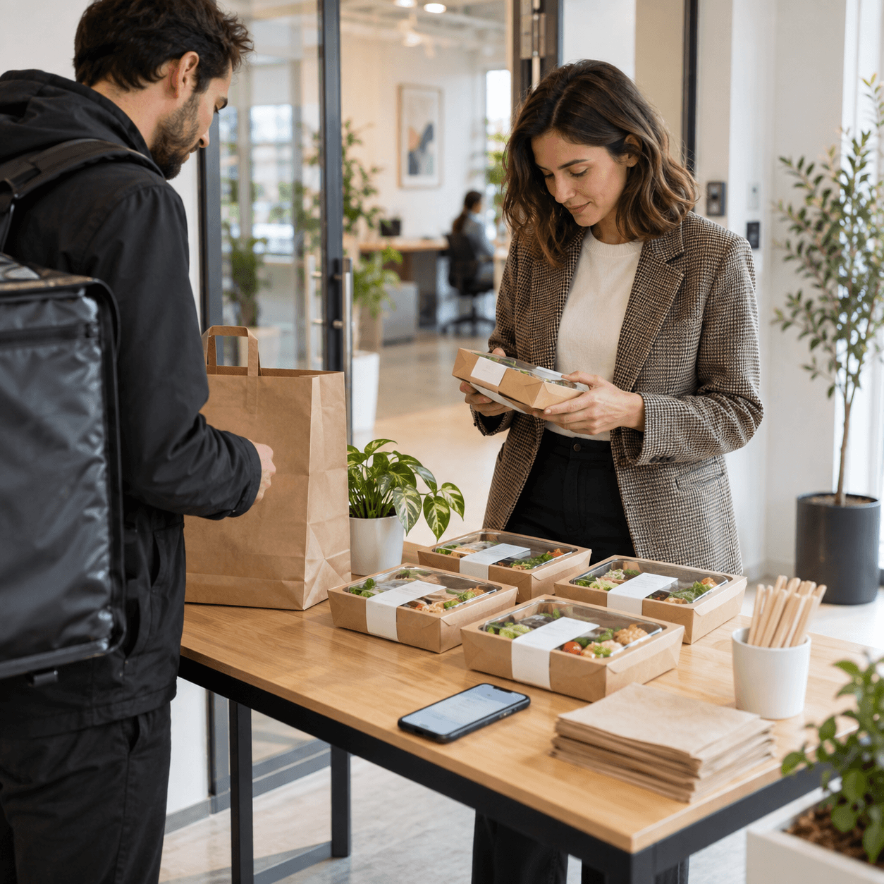 Personne vérifiant des boxes déjeuner sur une table de remise dans un bureau sans accueil dédié