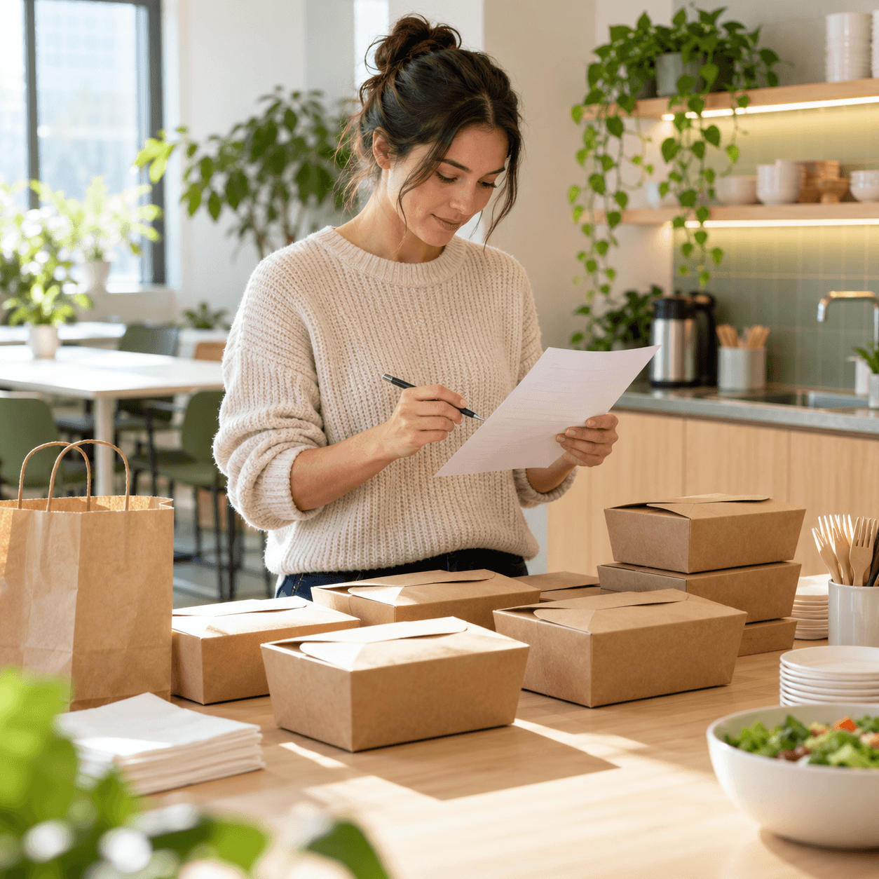 Personne relais vérifiant une liste à côté de boxes repas prêtes à être distribuées dans un bureau