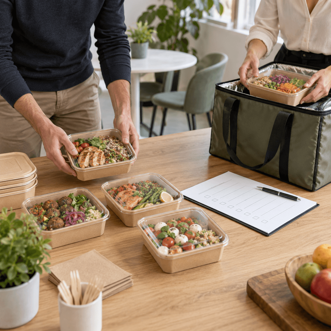 Boxes de repas frais organisées dans un sac isotherme sur une table de bureau sans réfrigérateur visible
