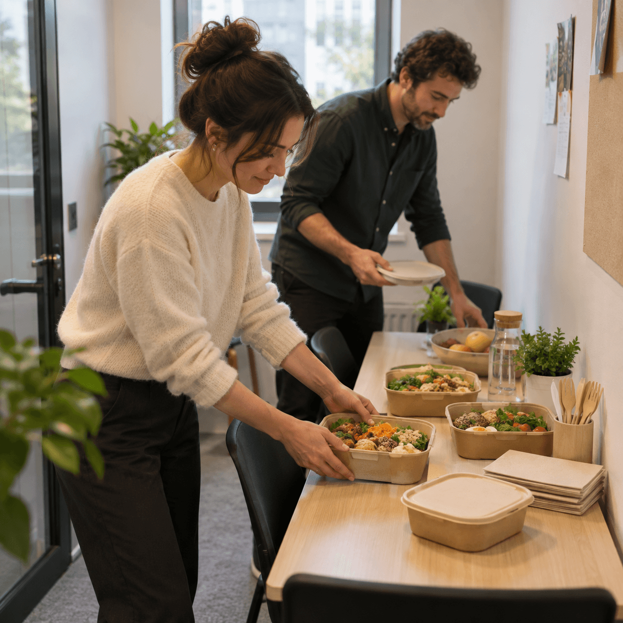 Boxes déjeuner disposées sur une table étroite dans une petite salle de pause au bureau
