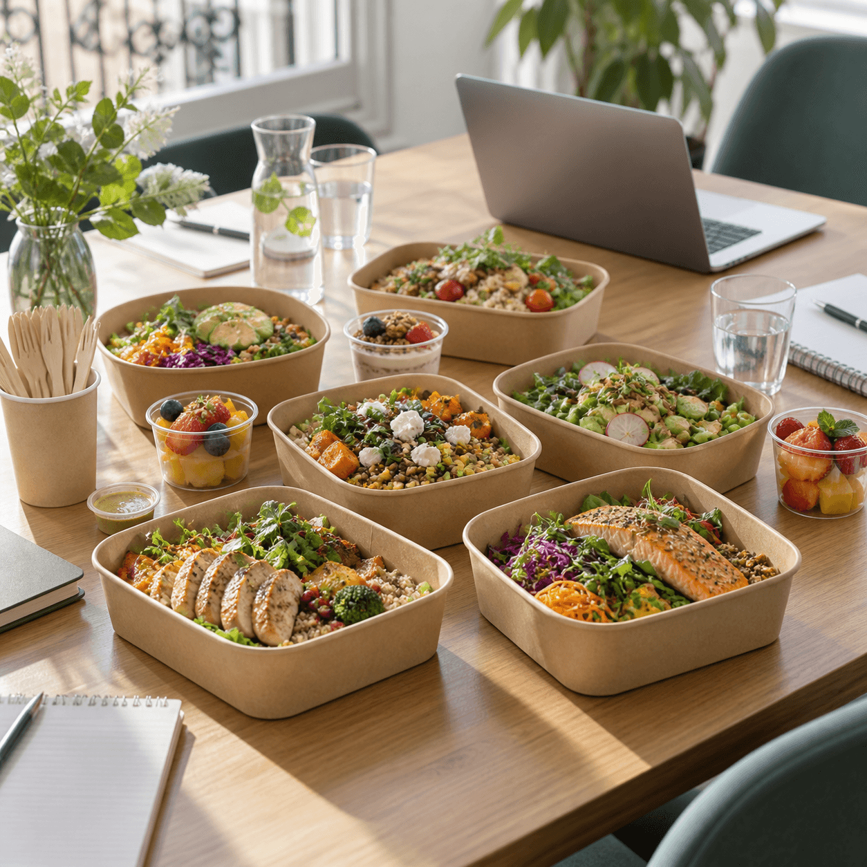 Boxes déjeuner et desserts préparés pour une réunion d’entreprise sur une table avec carnets, verres et ordinateur