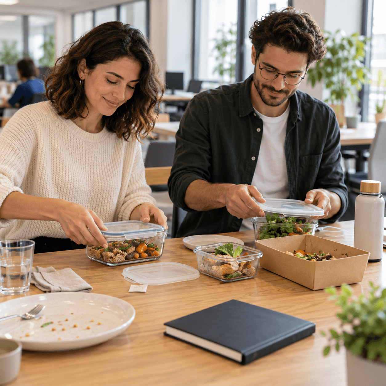 Deux collègues rangent des portions de repas après un déjeuner dans un espace partagé au bureau