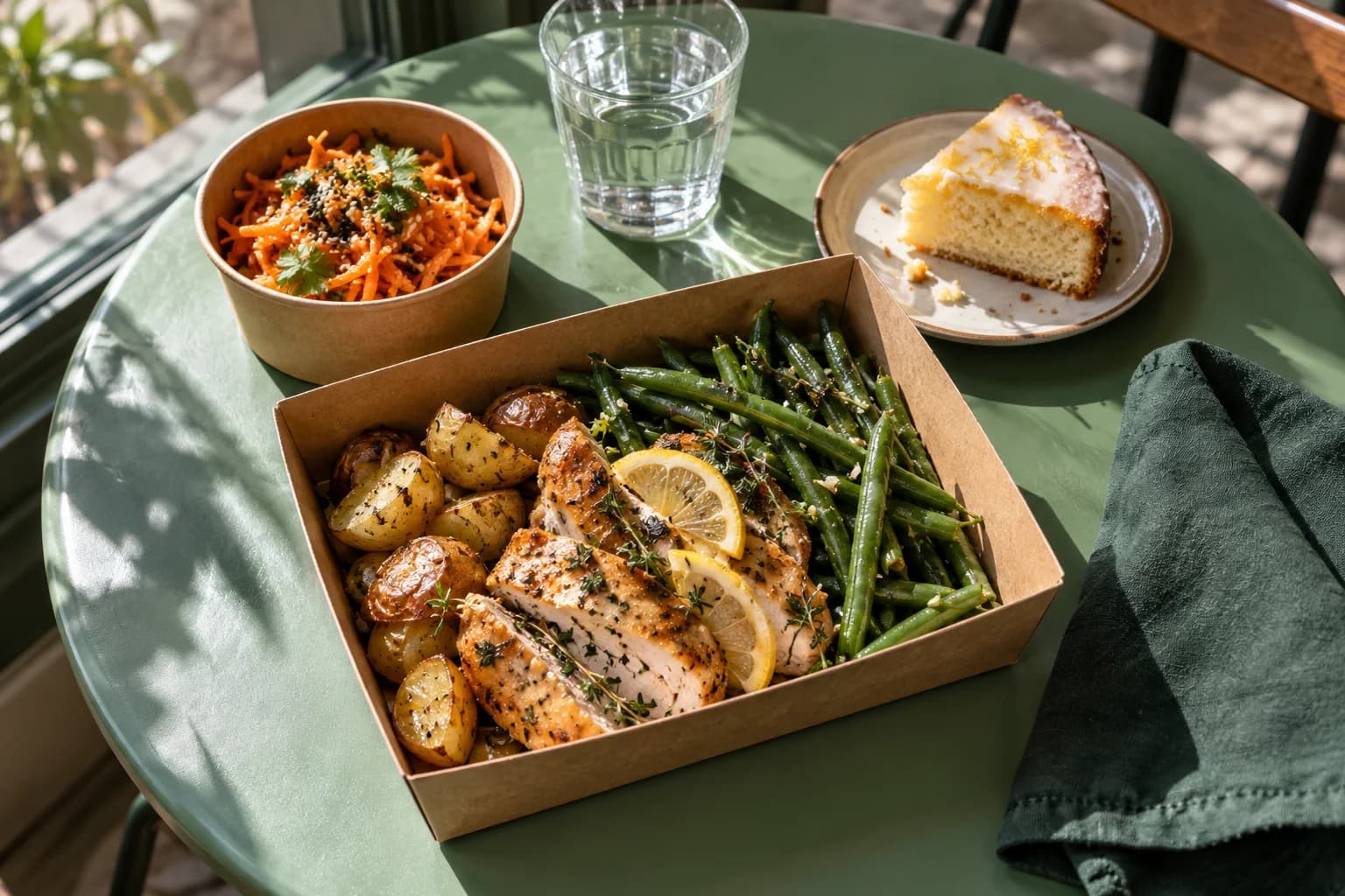 Illustration d’un déjeuner : poulet citron, salade de carottes et cake sur une table au soleil
