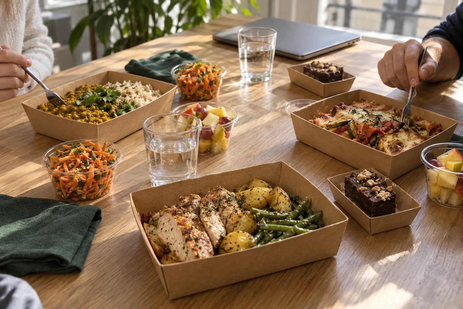 Illustration de plusieurs déjeuners partagés autour d’une table de bureau