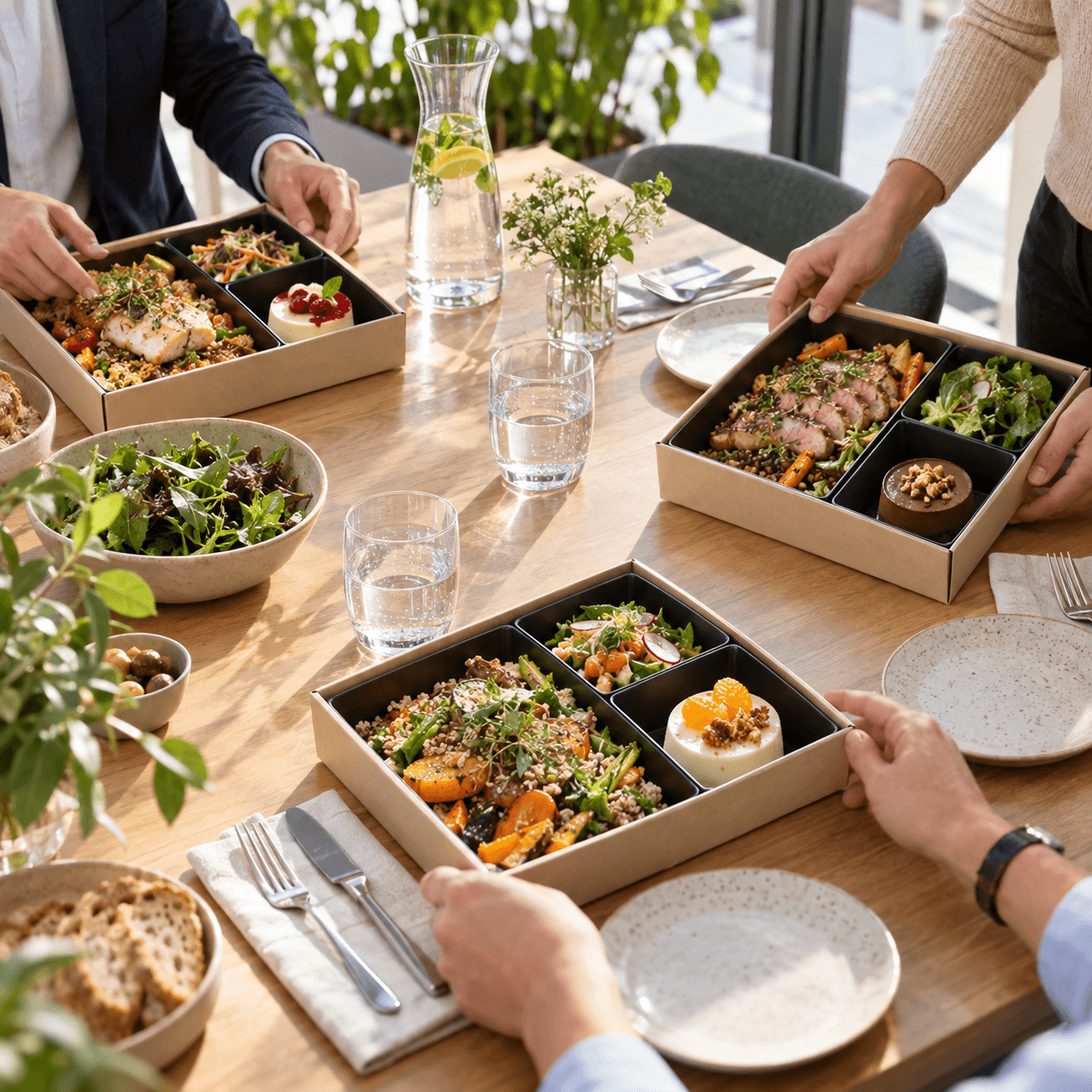 Boxes déjeuner individuelles installées sur une table de bureau sans cuisine sur place