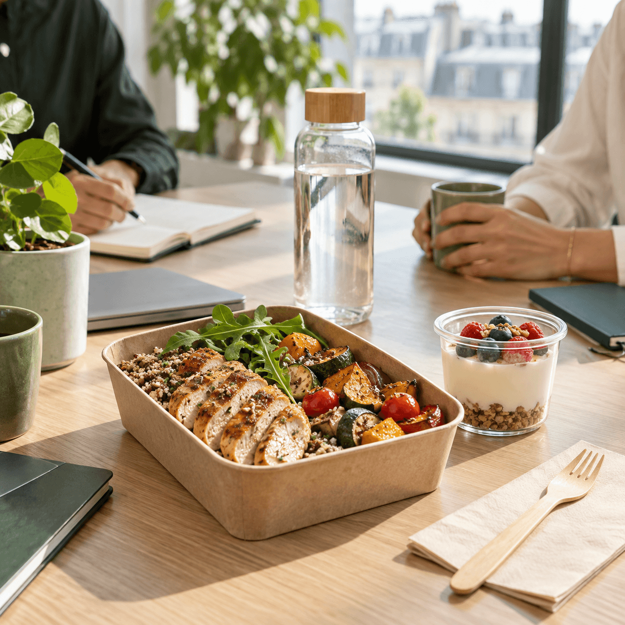 Box déjeuner avec poulet, céréales, légumes rôtis et dessert sur une table de bureau lumineuse