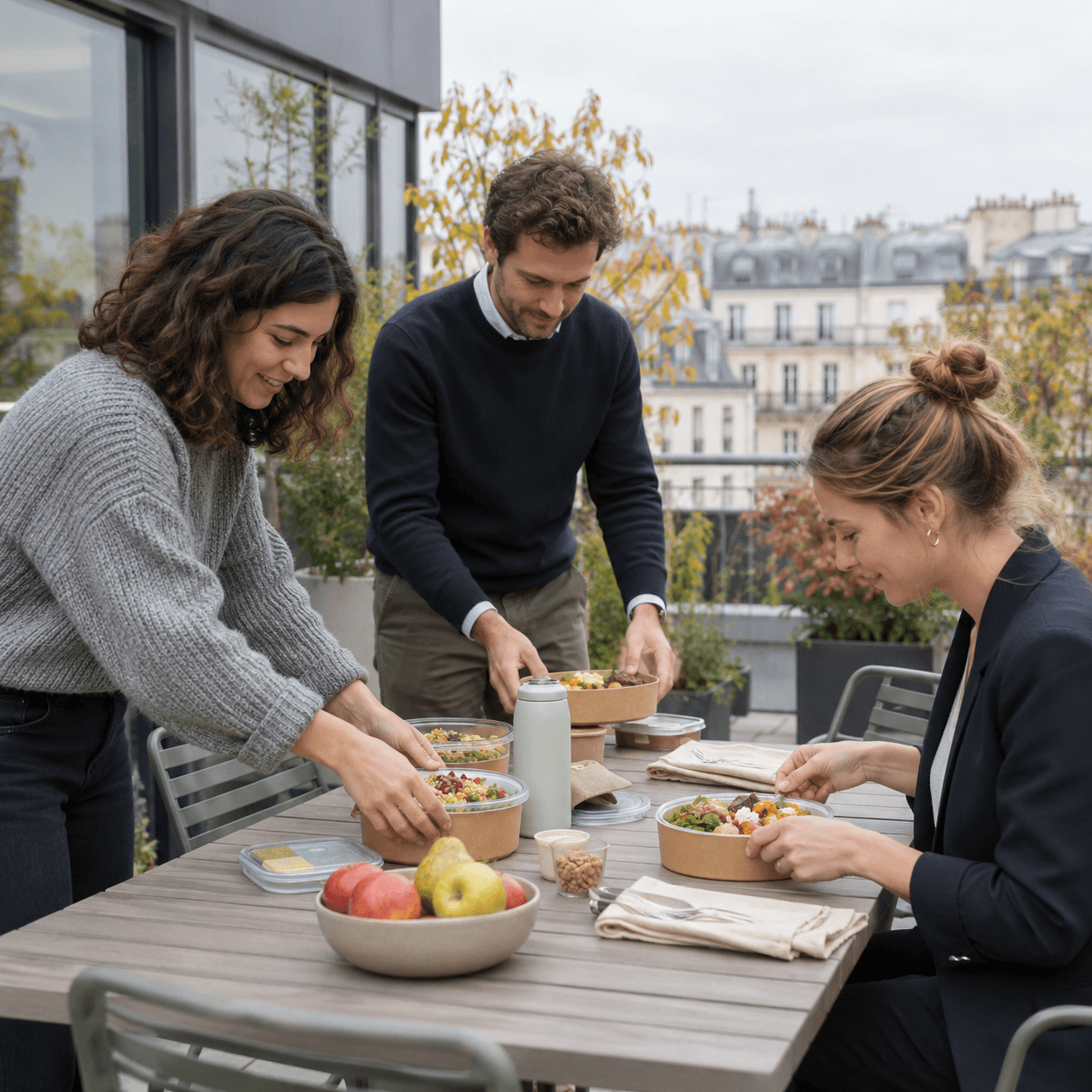 Trois collègues installent des repas individuels sur une table de terrasse de bureau avant le déjeuner