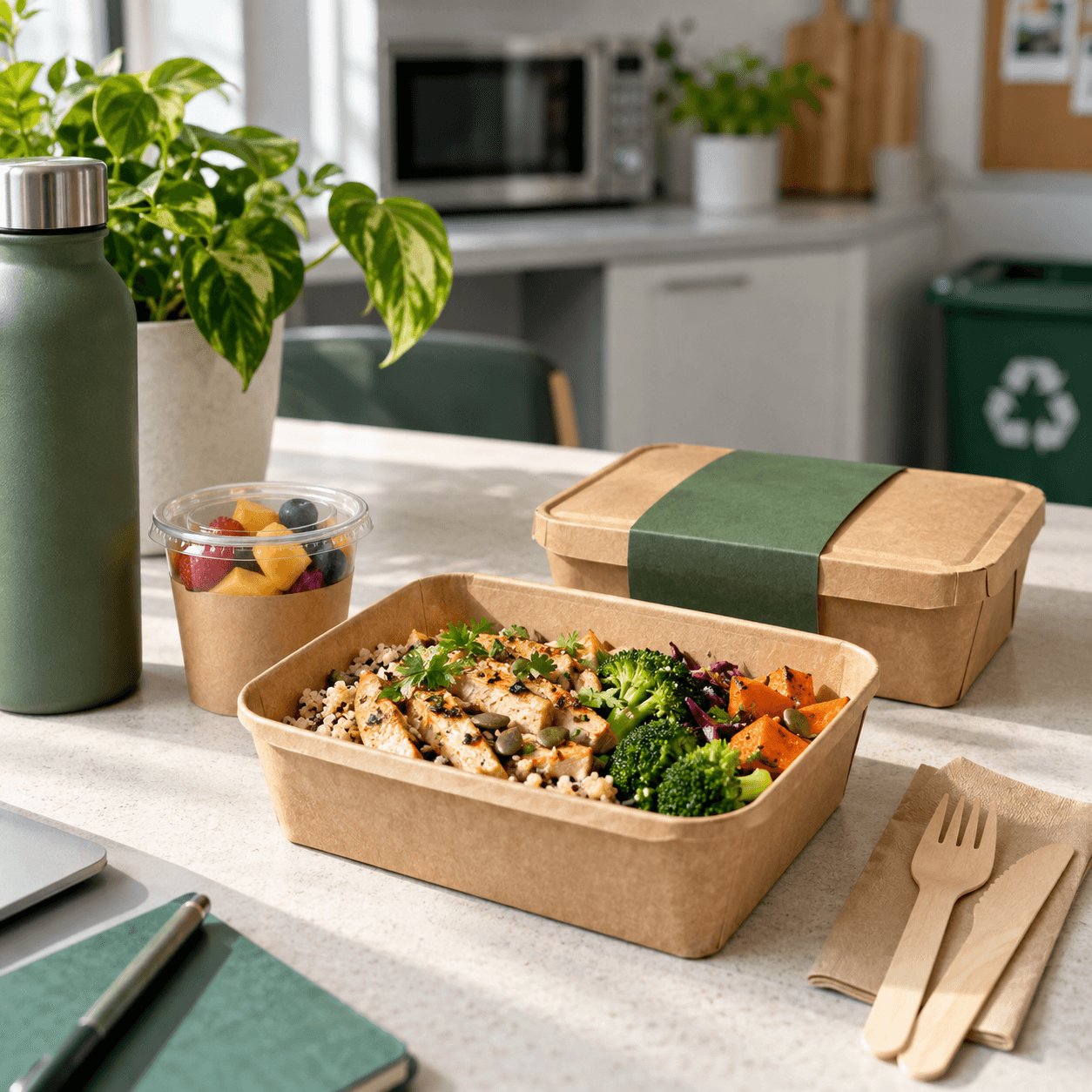 Contenant repas recyclable avec plat préparé, couverts bois et micro-ondes en arrière-plan dans une cuisine de bureau