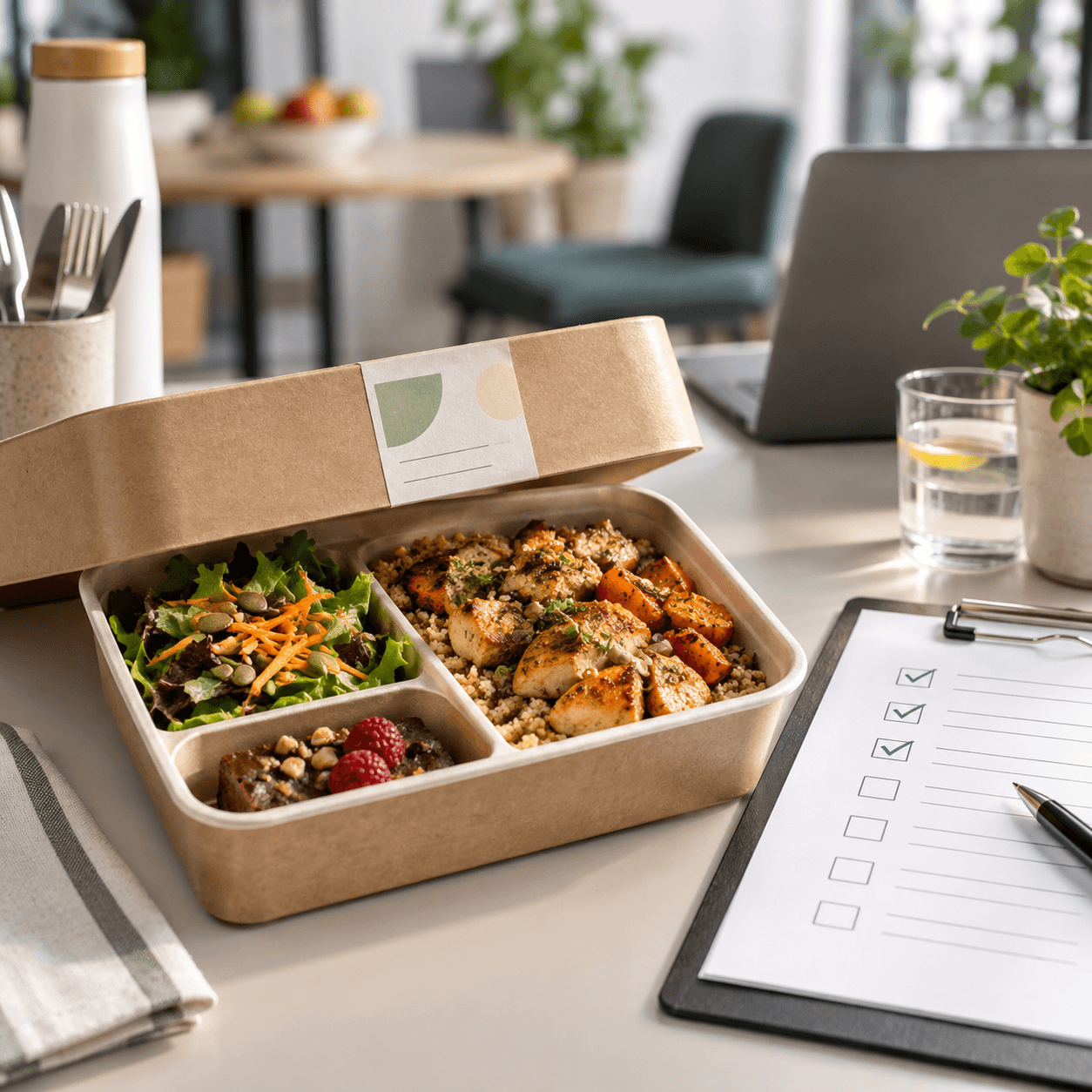Box déjeuner livrée au bureau avec étiquette sans texte lisible et checklist de réception sur une table lumineuse