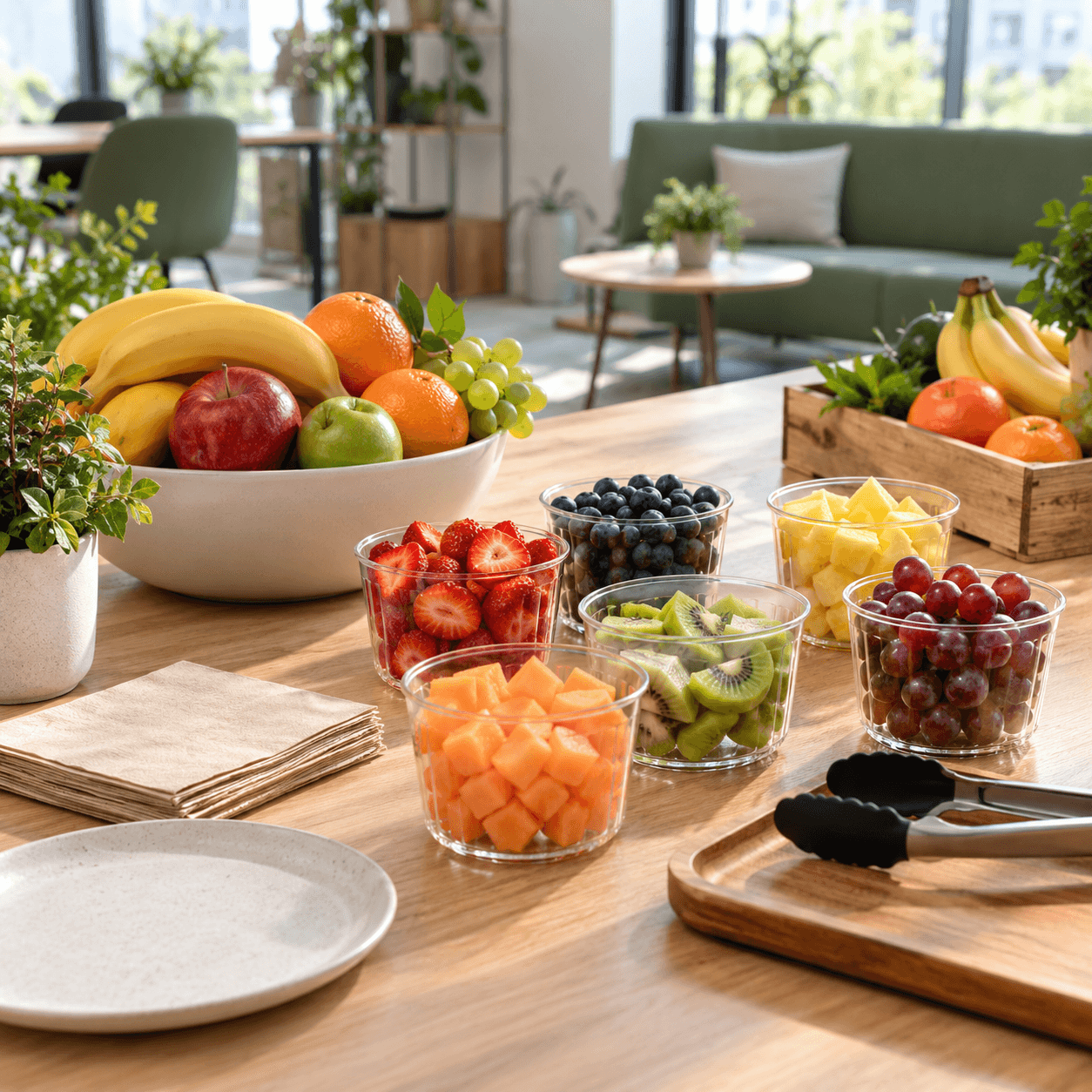 Fruits entiers et portions de fruits préparées sur une table de pause au bureau