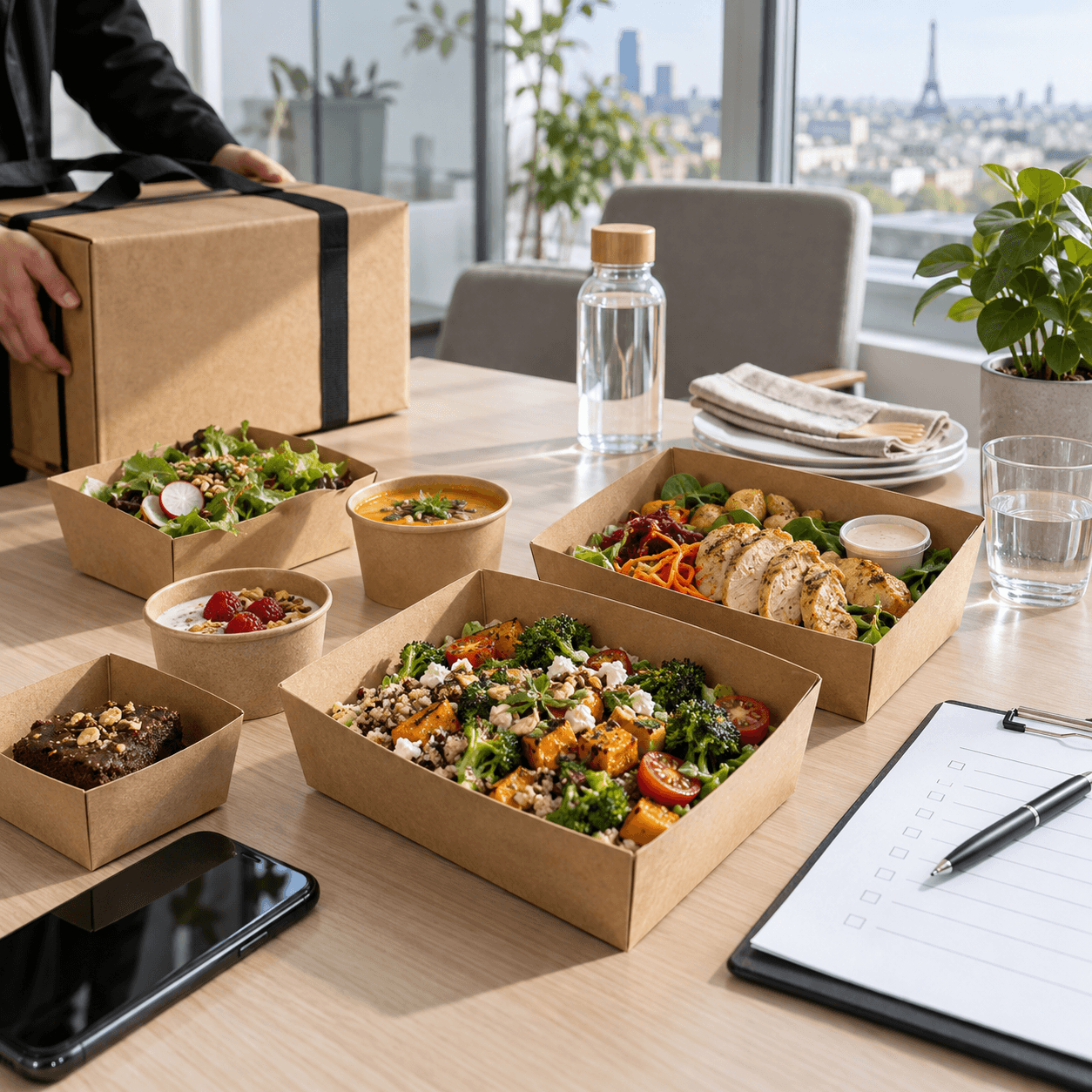 Boxes déjeuner livrées sur une table de bureau lumineuse avec caisse de transport, eau et checklist de réception