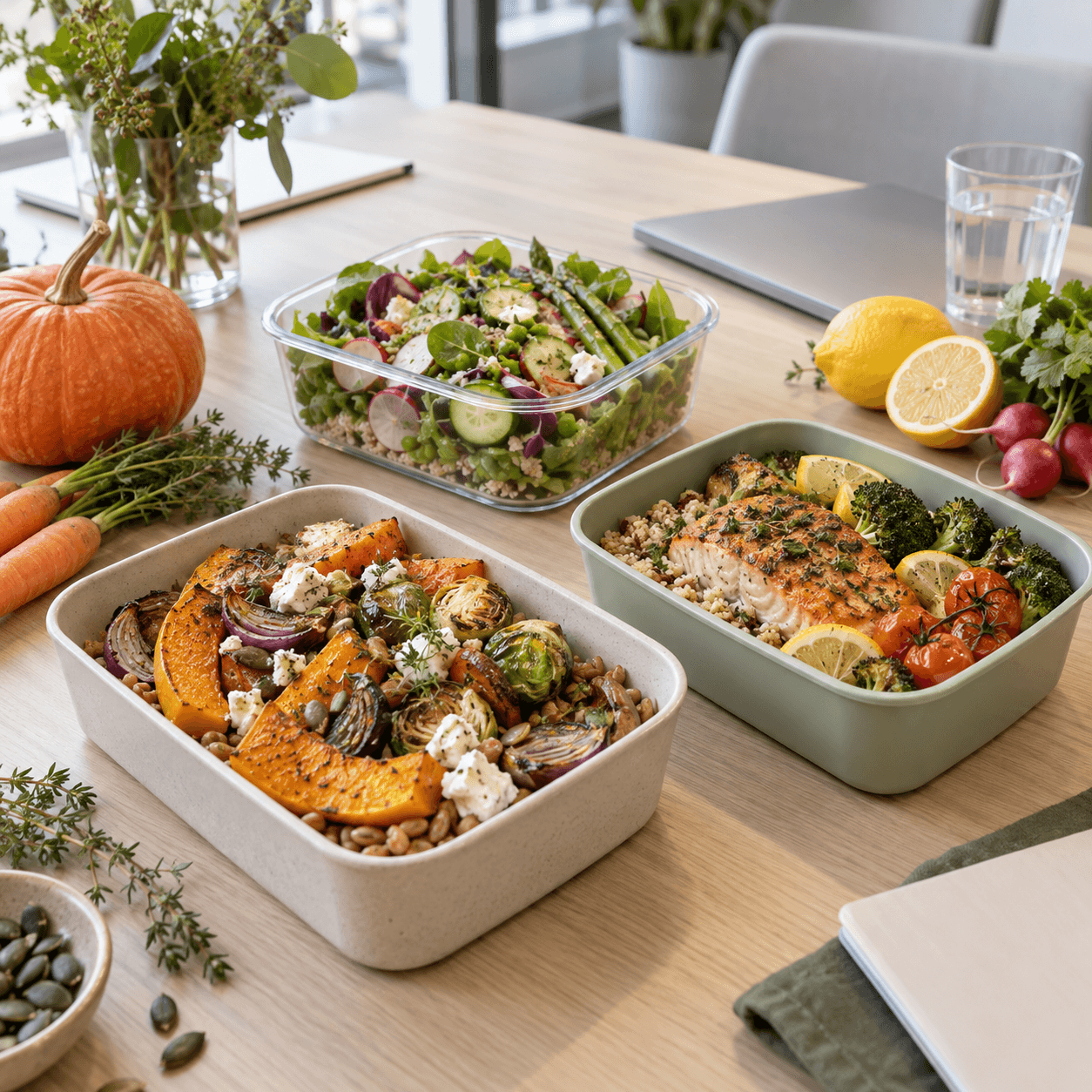Trois repas individuels aux ingrédients de saison disposés sur une table de réunion dans un bureau