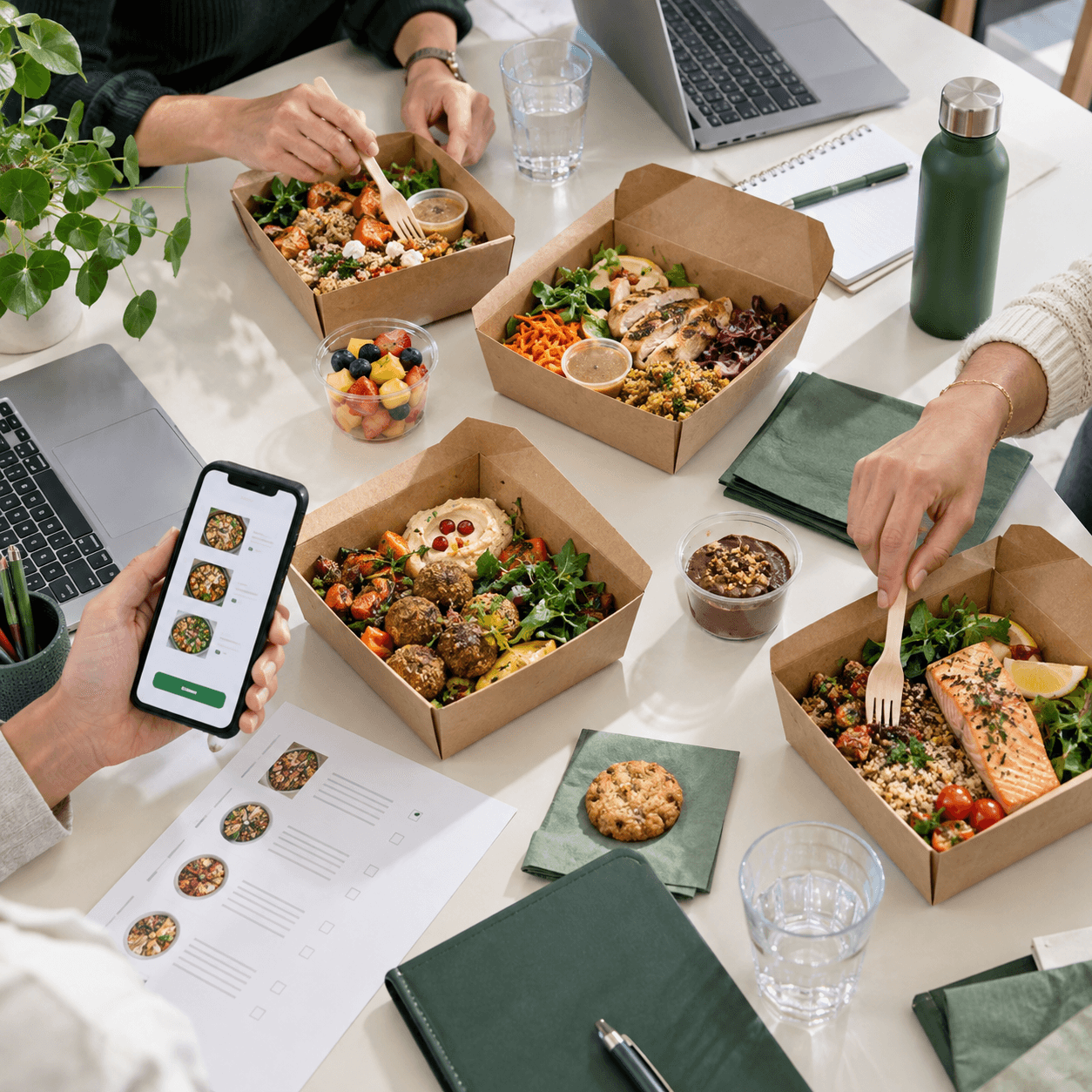 Plusieurs boxes déjeuner ouvertes sur une table de bureau avec téléphone de commande et accessoires de travail