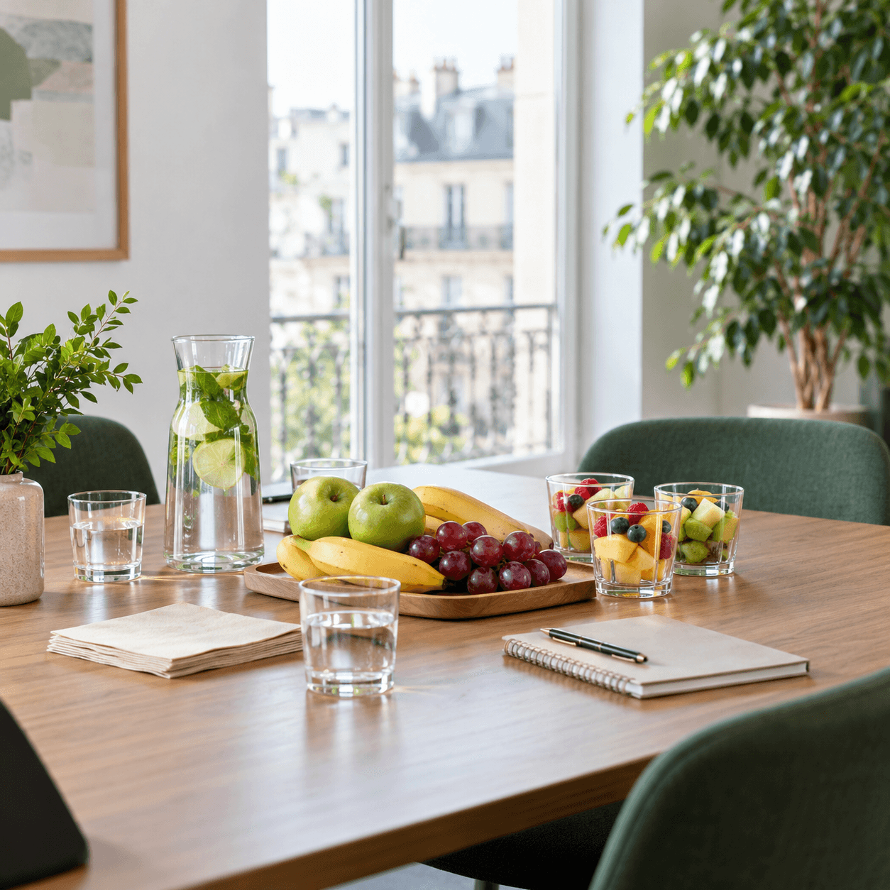 Pause fraîche simple installée sur une table de réunion dans un bureau lumineux