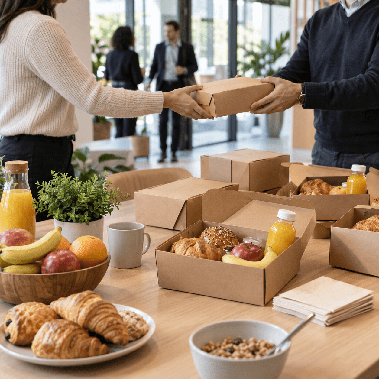 Boxes de petit-déjeuner disposées sur une table de bureau pendant la remise à des collègues