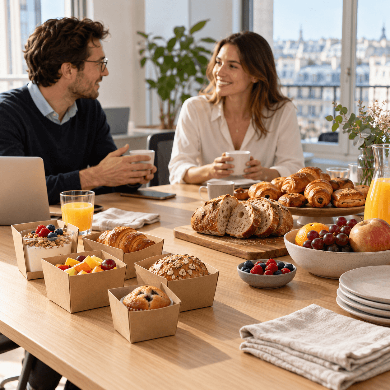 Portions individuelles et buffet de petit-déjeuner sur une table de bureau pendant un échange entre collègues