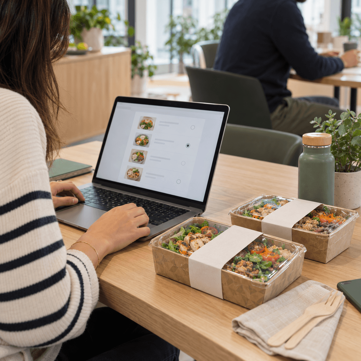 Une organisatrice consulte discrètement les choix de repas sur un ordinateur à côté de deux déjeuners individuels