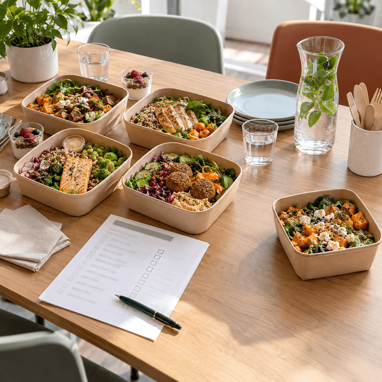 Boxes déjeuner regroupées sur une table de bureau avec une box mise à part pour gérer une absence de dernière minute