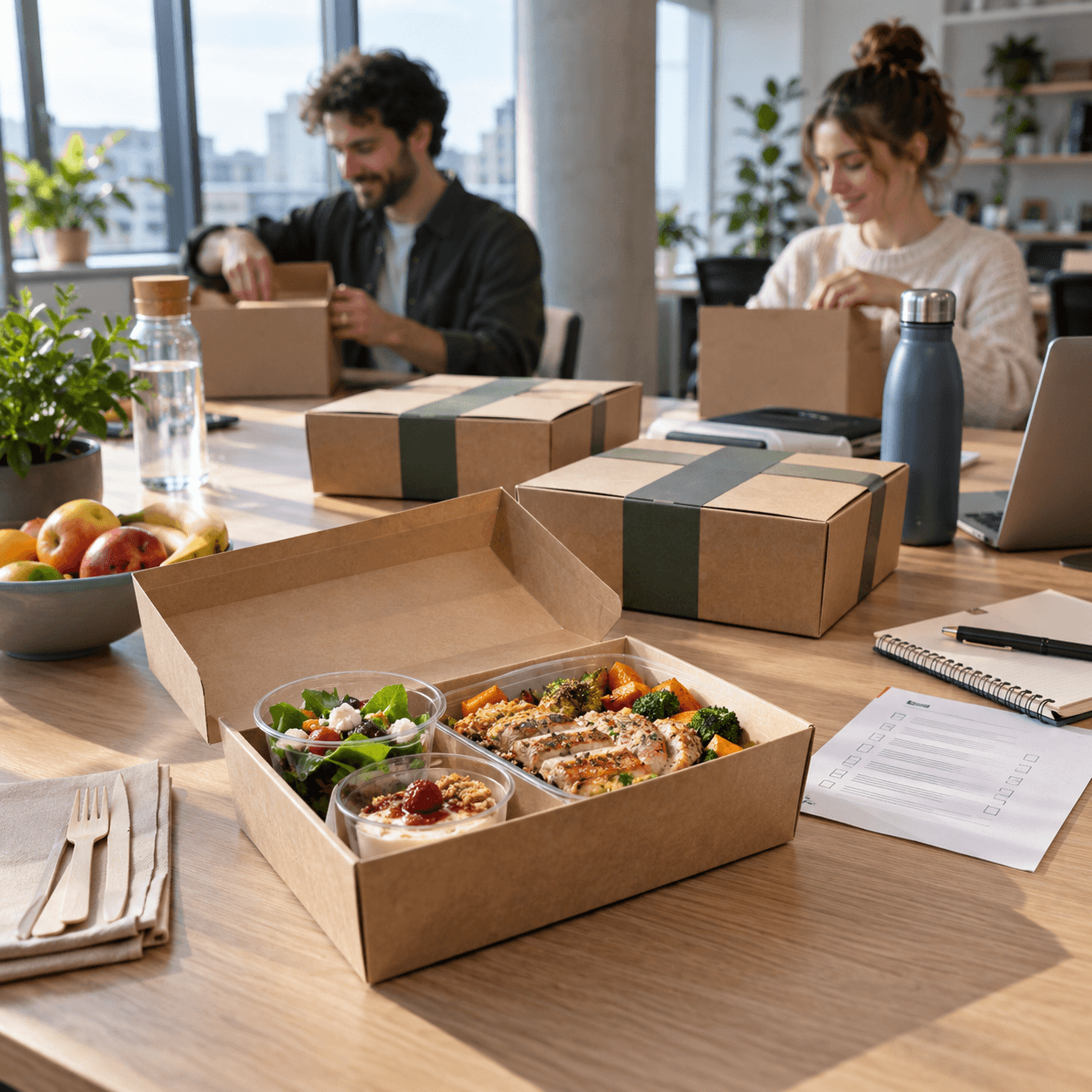 Boxes déjeuner disposées sur une table de bureau pour une équipe présente le week-end