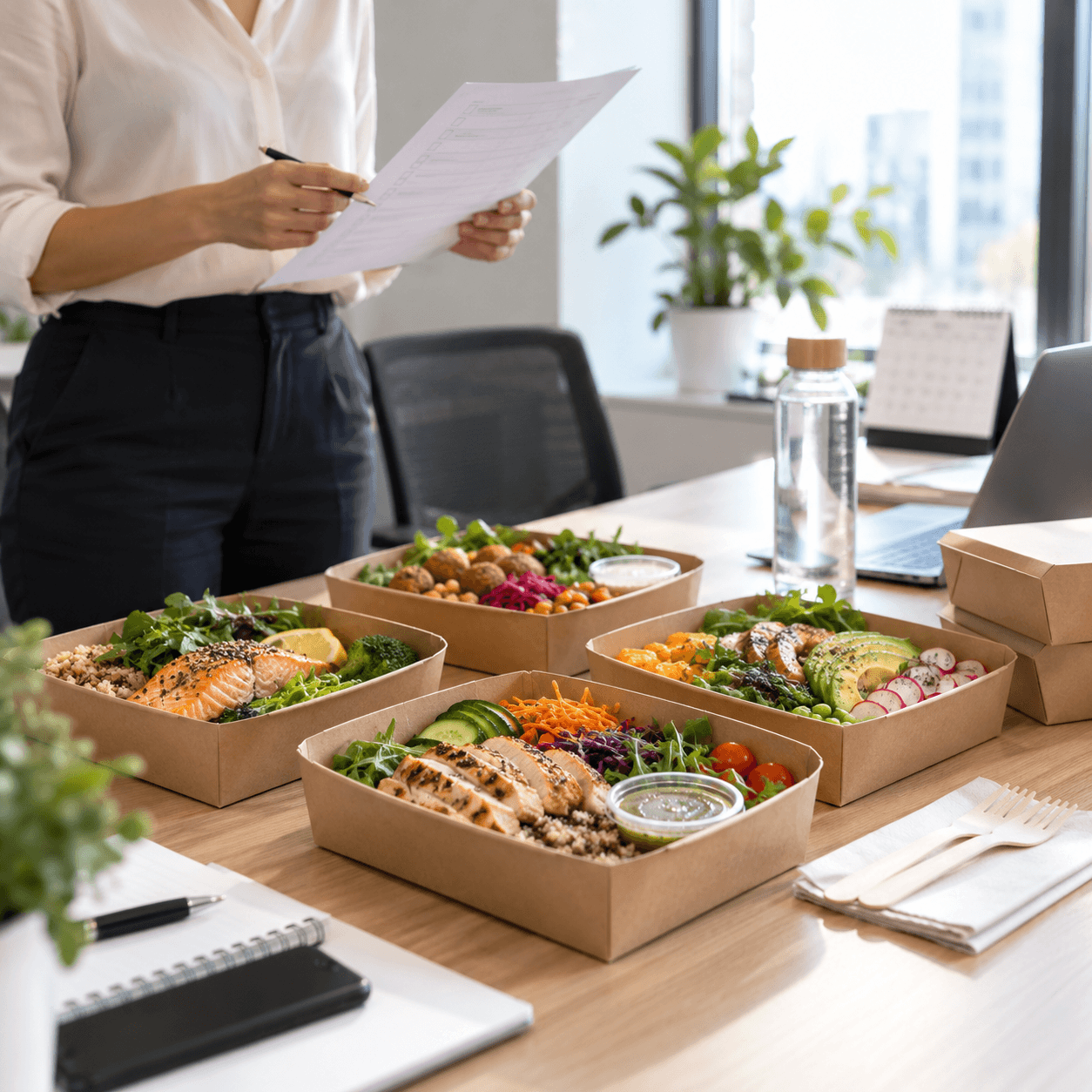 Boxes déjeuner regroupées dans un bureau pendant la préparation d’une commande avant un jour férié