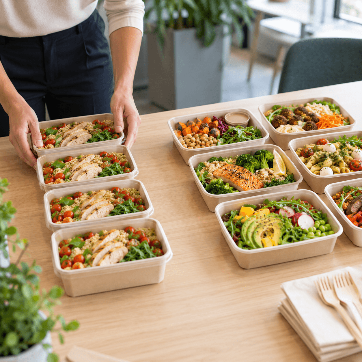 Boxes repas identiques et boxes aux compositions variées organisées sur deux zones d’une table de bureau