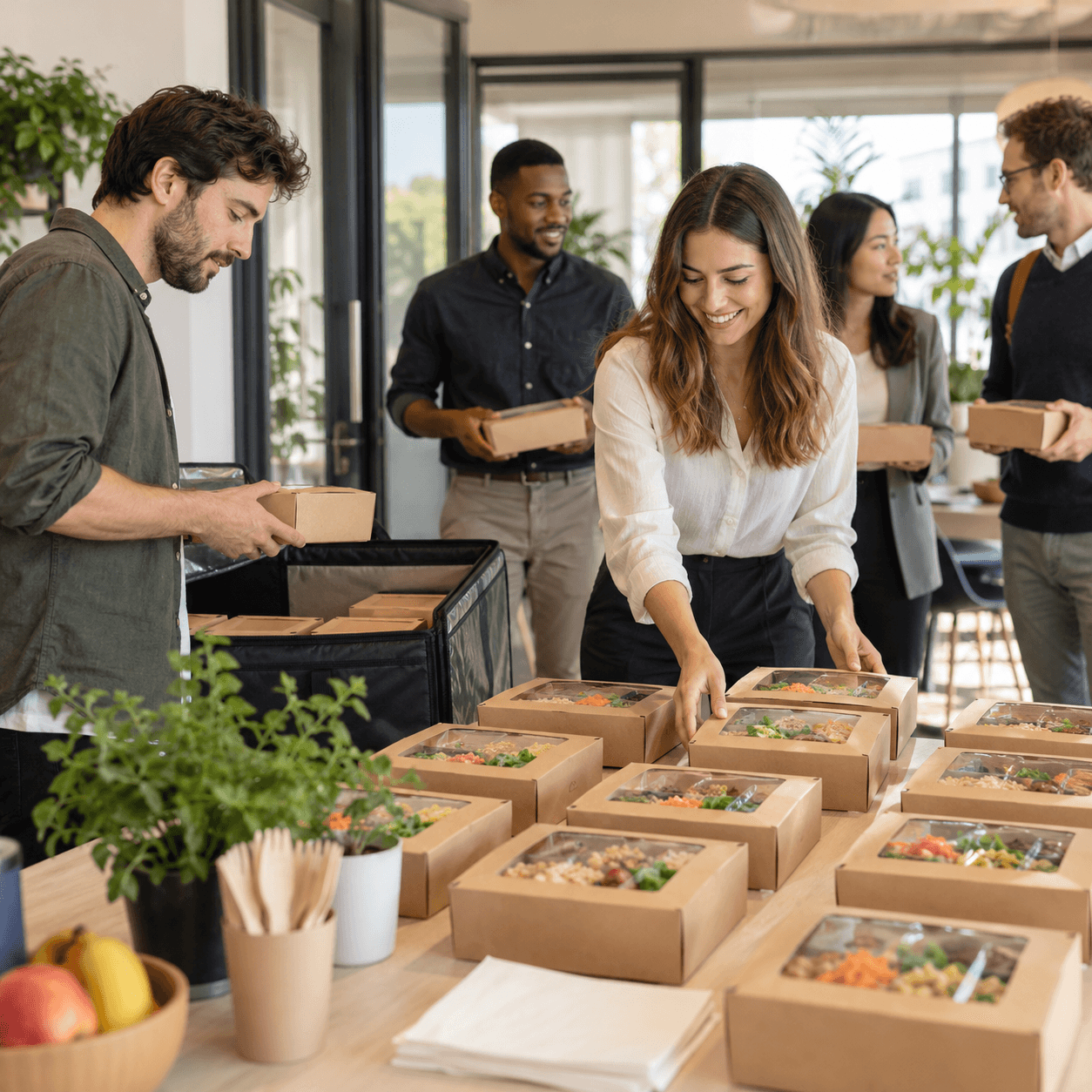 Boxes repas individuelles distribuées à une équipe temporairement installée dans un espace de travail