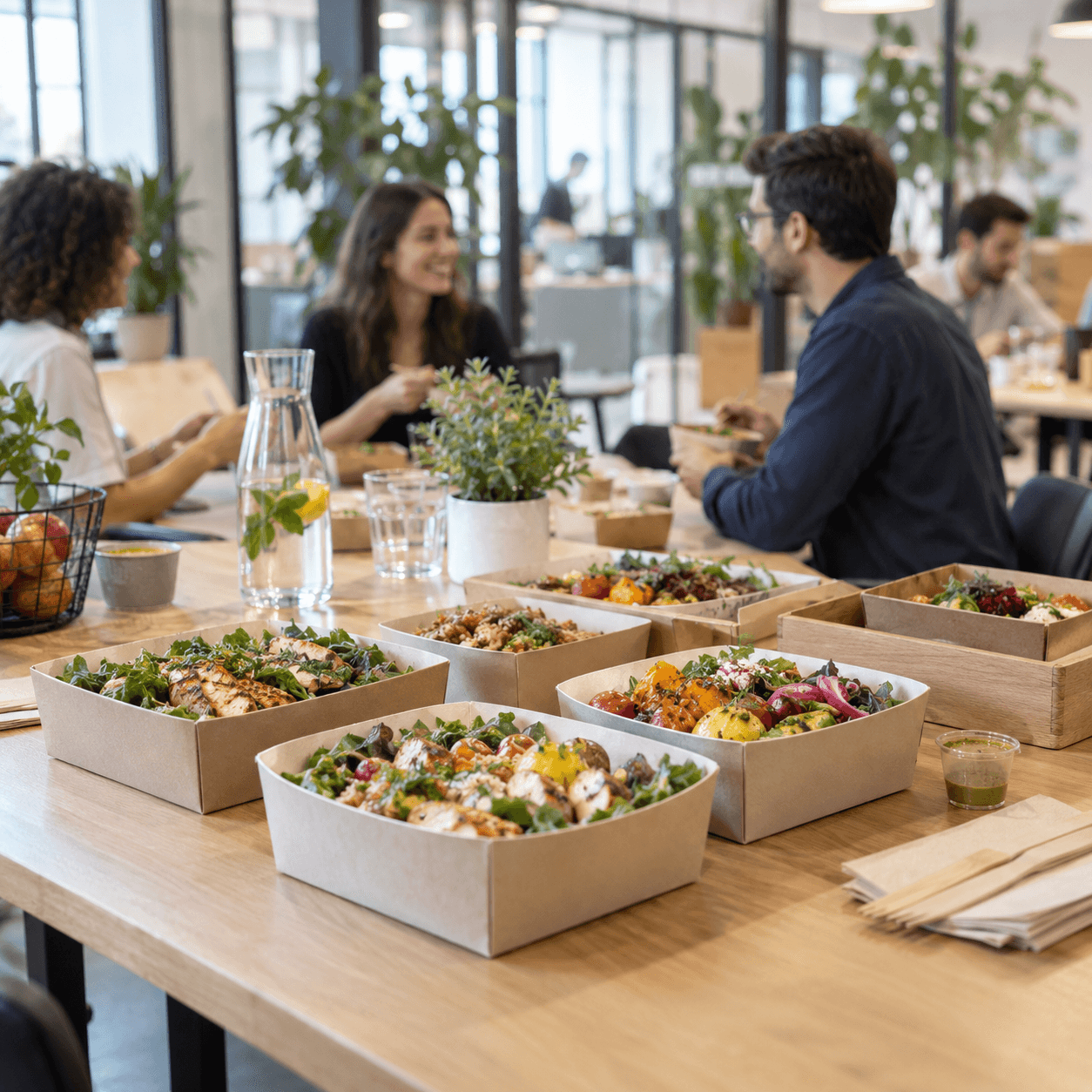 Boxes déjeuner disposées sur une table commune dans un espace de coworking lumineux