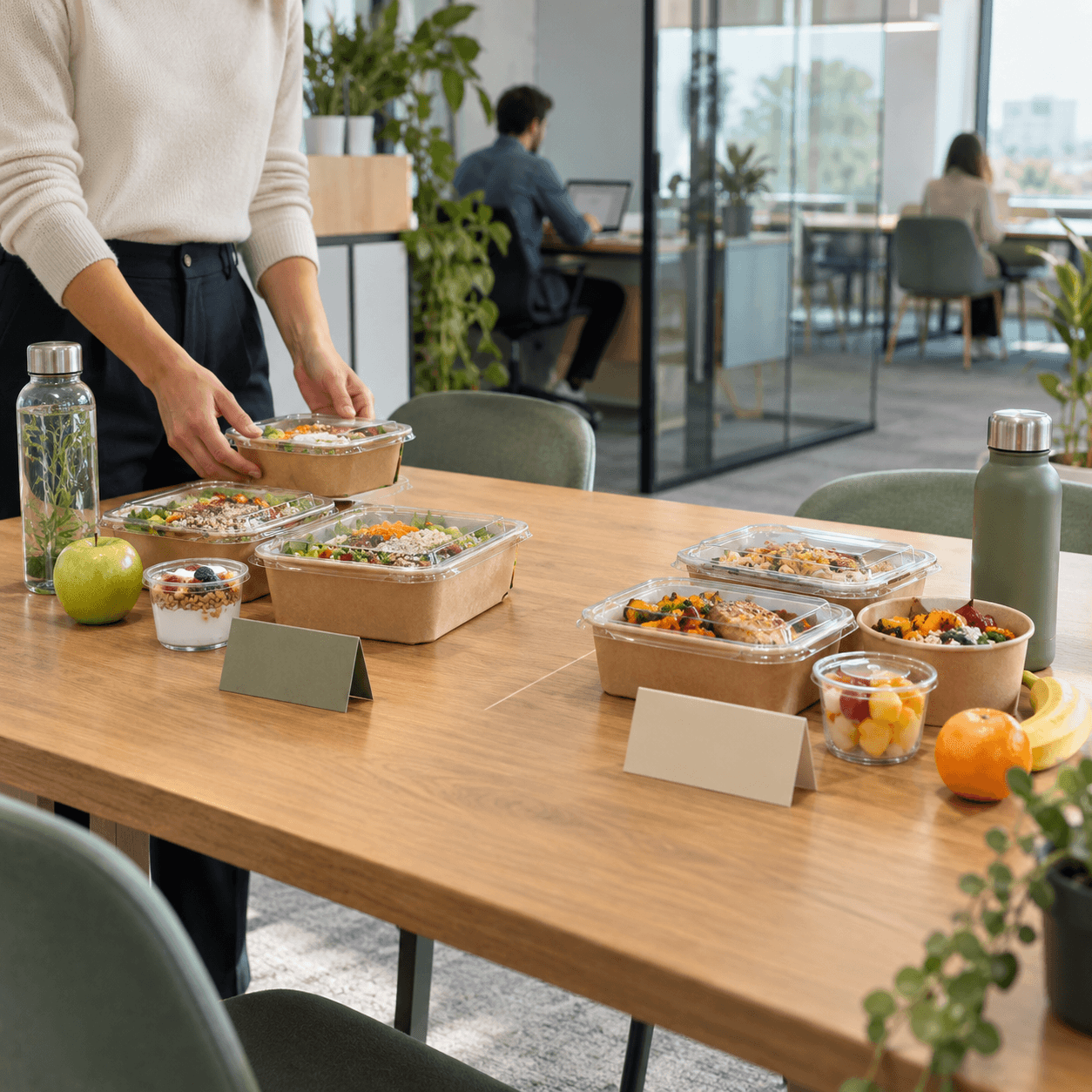 Boxes déjeuner regroupées sur une table de bureau pour plusieurs créneaux de pause