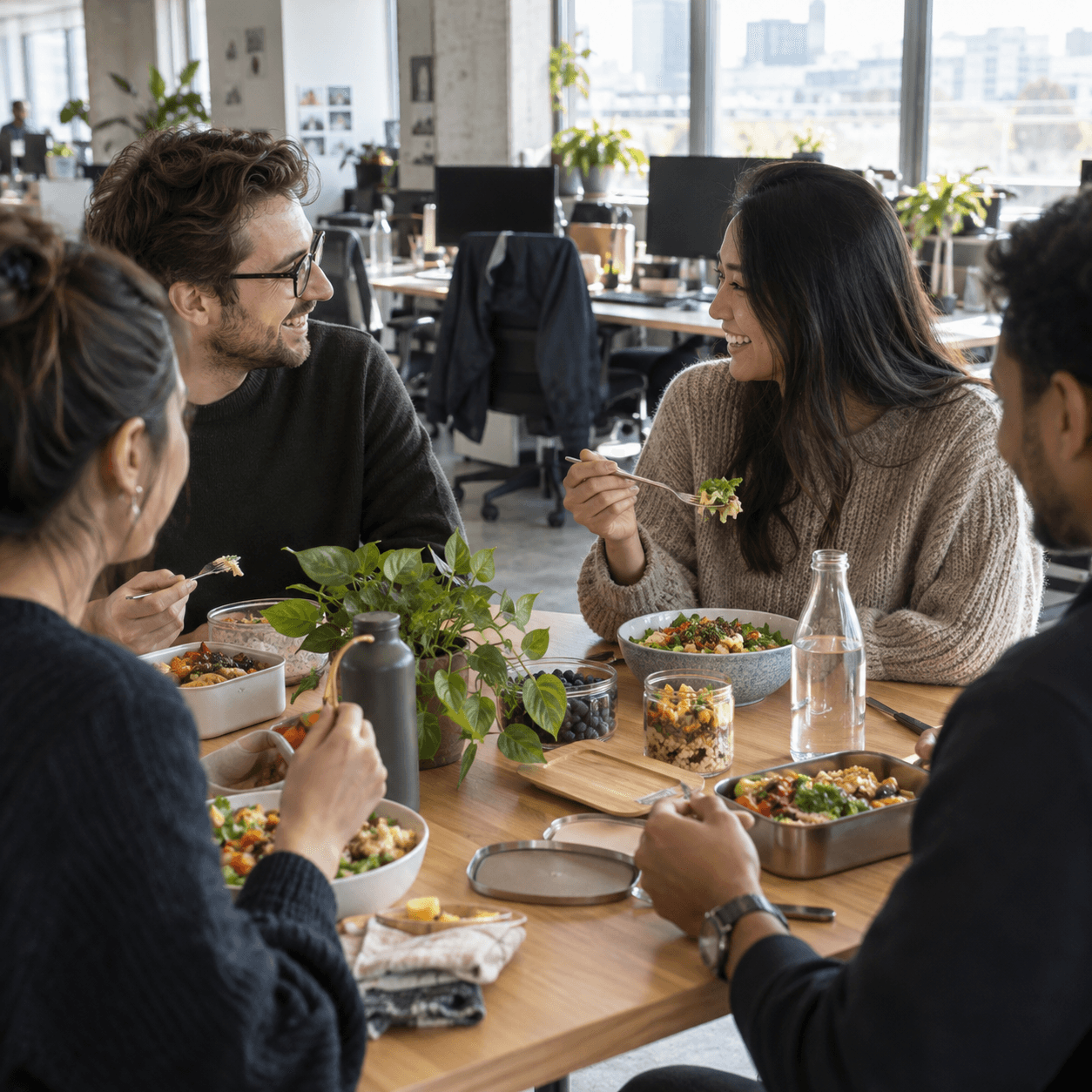 Petite équipe partageant un déjeuner dans un bureau aux places de travail flexibles