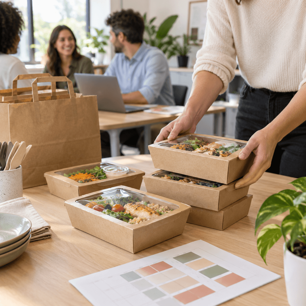 Boxes de repas fraîches organisées sur une table de bureau pour le retour d’une équipe