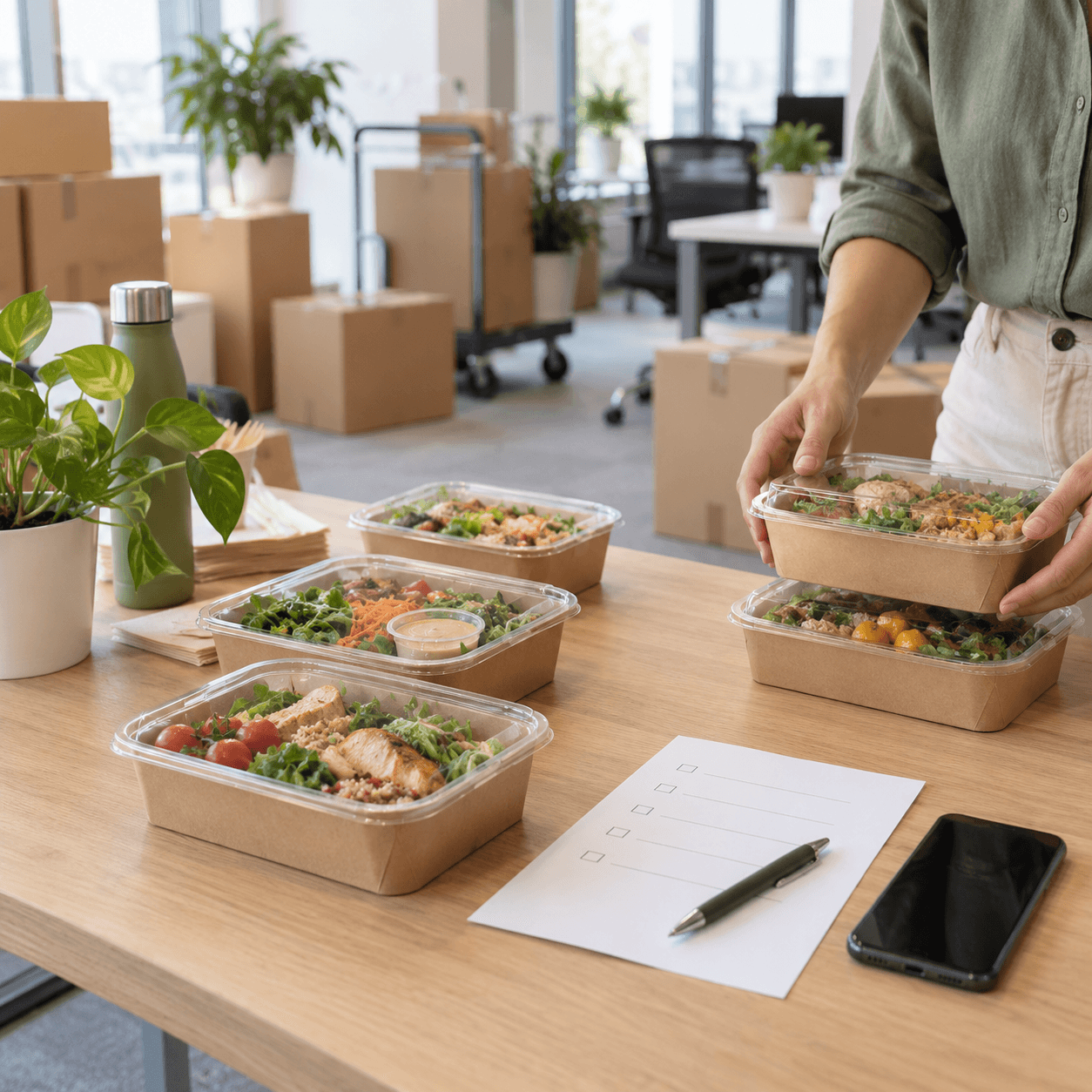Boxes déjeuner organisées sur une table dans un bureau en cours de déménagement