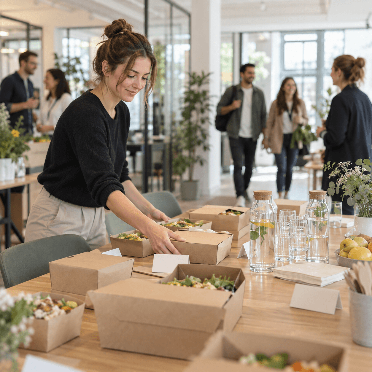 Boxes déjeuner préparées sur une table de bureau pour une journée portes ouvertes avec des visiteurs
