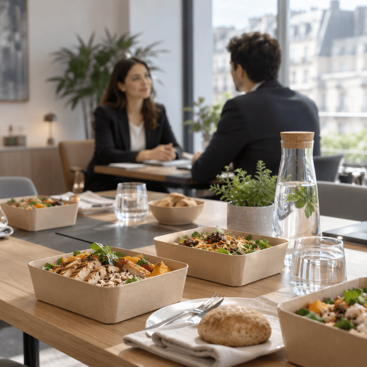 Déjeuners individuels installés dans un bureau pendant une journée de recrutement