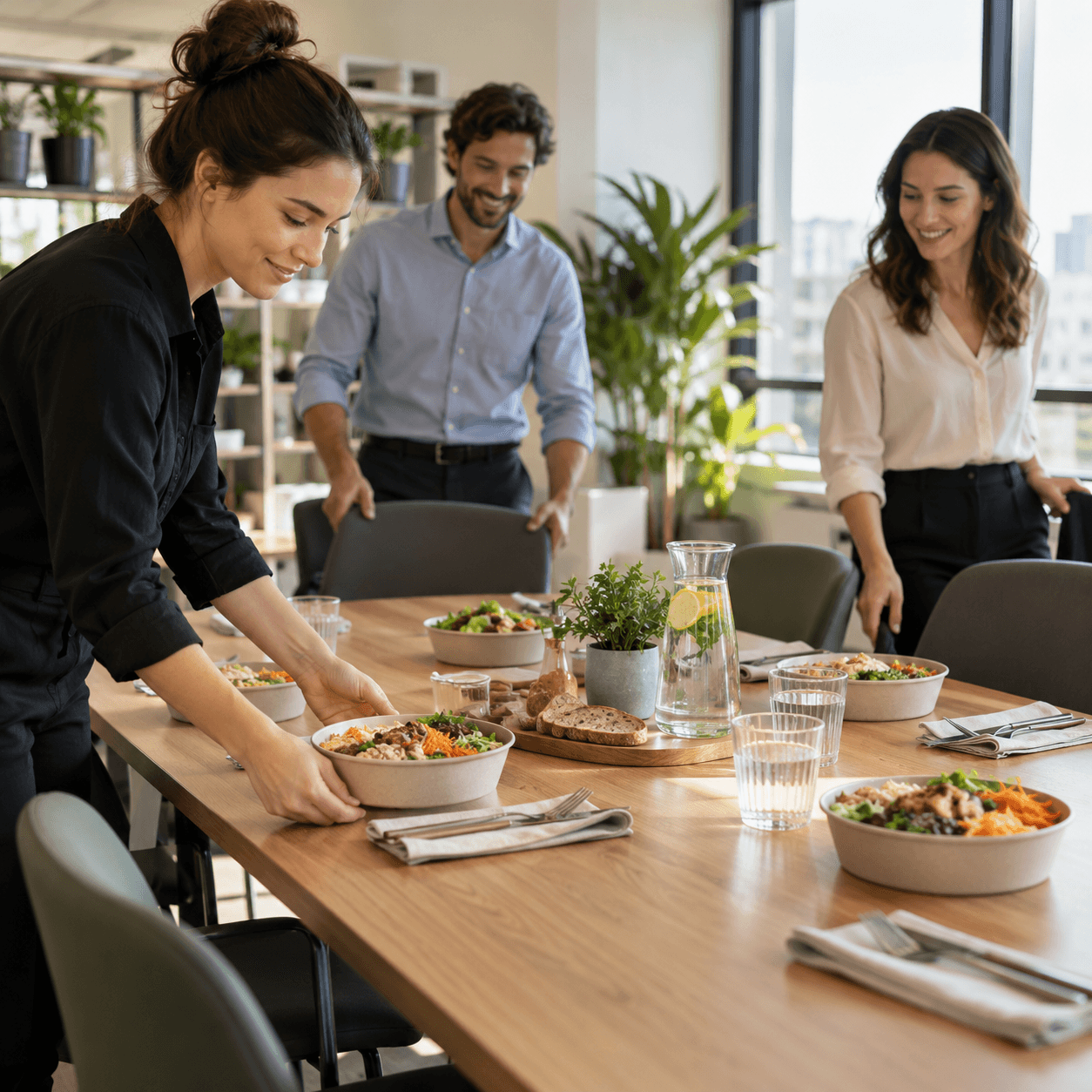 Des collègues prennent place à une table de bureau où les repas individuels sont déjà disposés