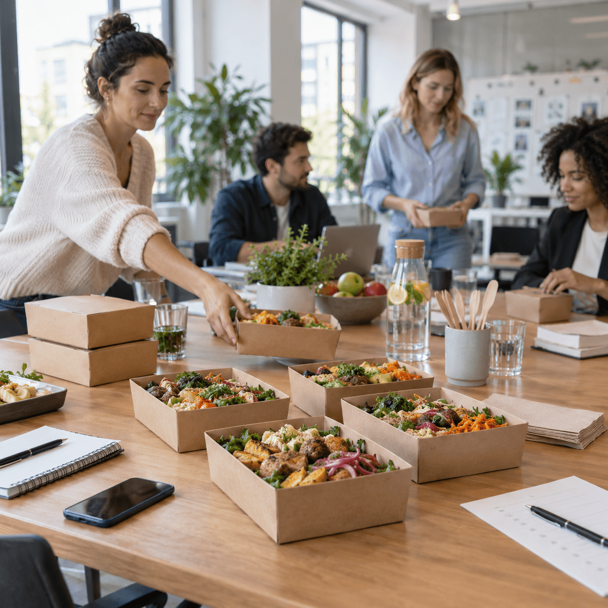 Boxes déjeuner regroupées sur une table de bureau pendant une journée de travail très organisée