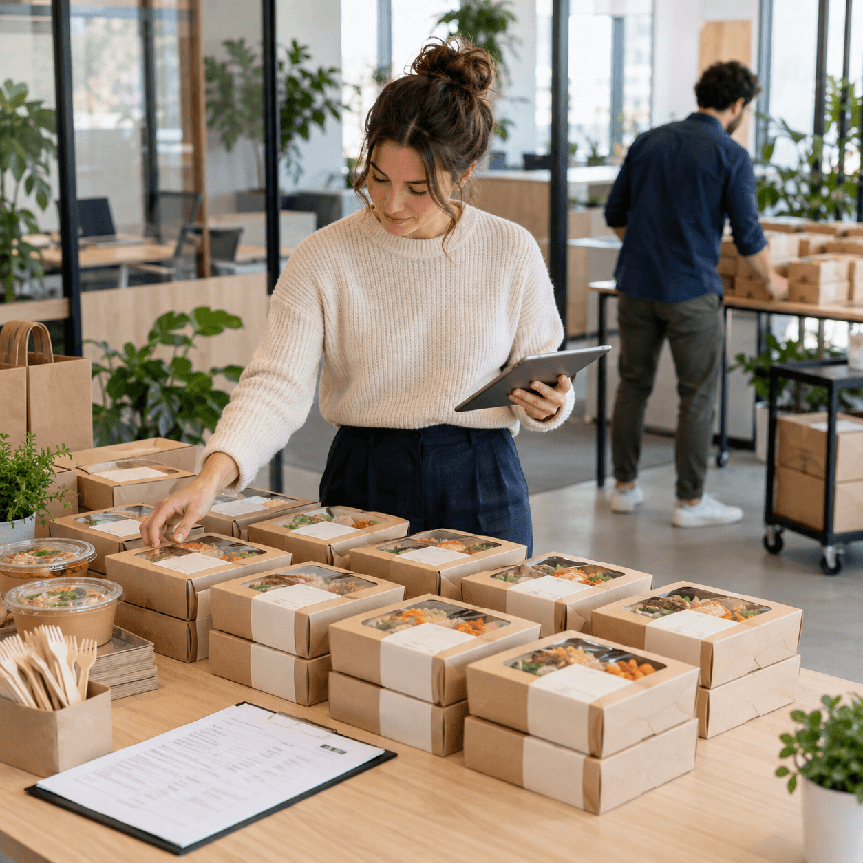 Boxes déjeuner regroupées sur une table de bureau pendant la coordination de plusieurs points de livraison