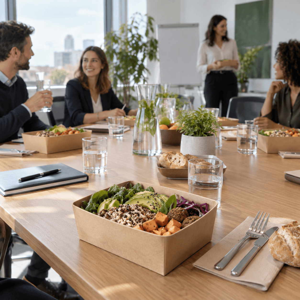 Déjeuners individuels installés sur une table pendant un séminaire interne au bureau