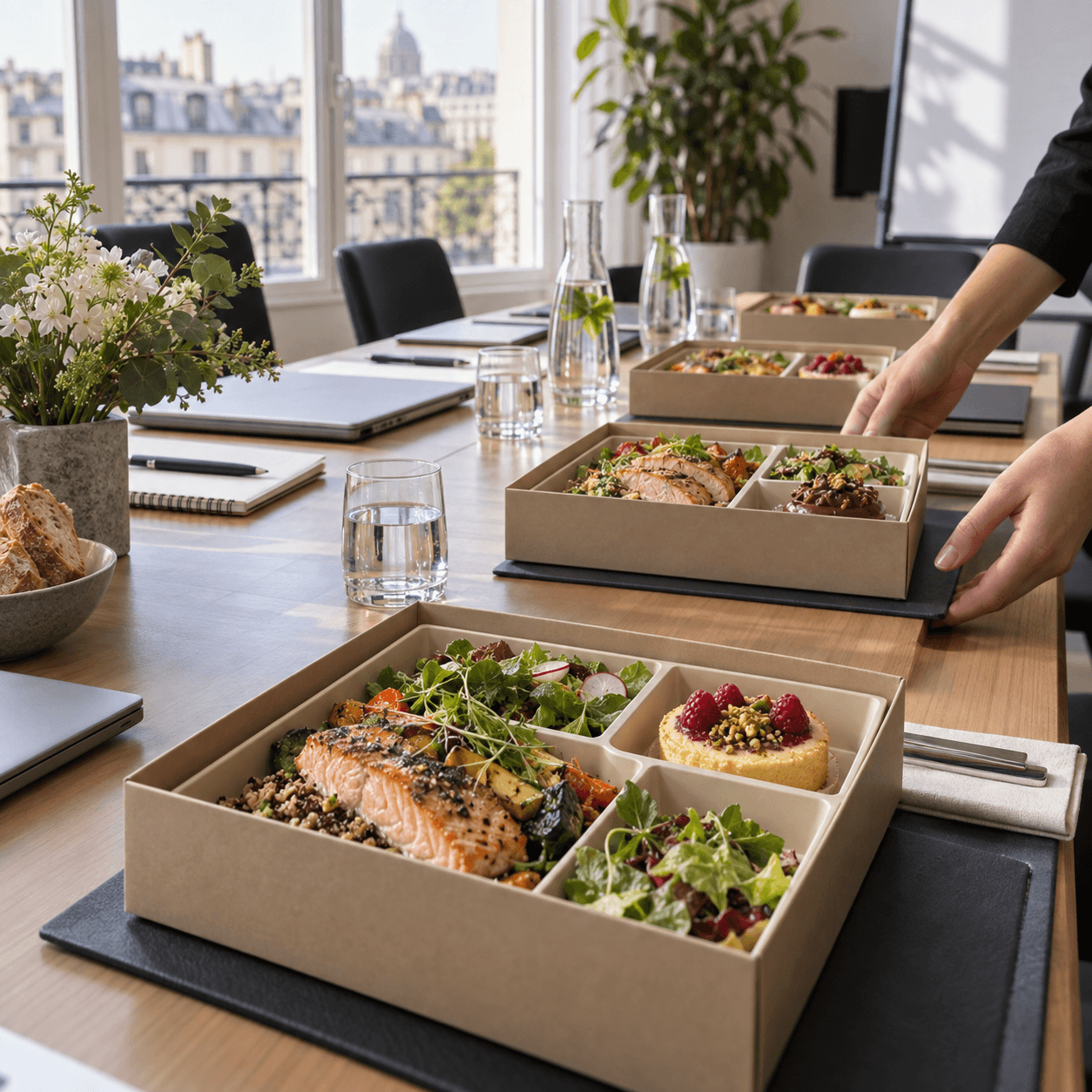 Boxes déjeuner disposées dans une salle de formation avec carnets et ordinateurs fermés