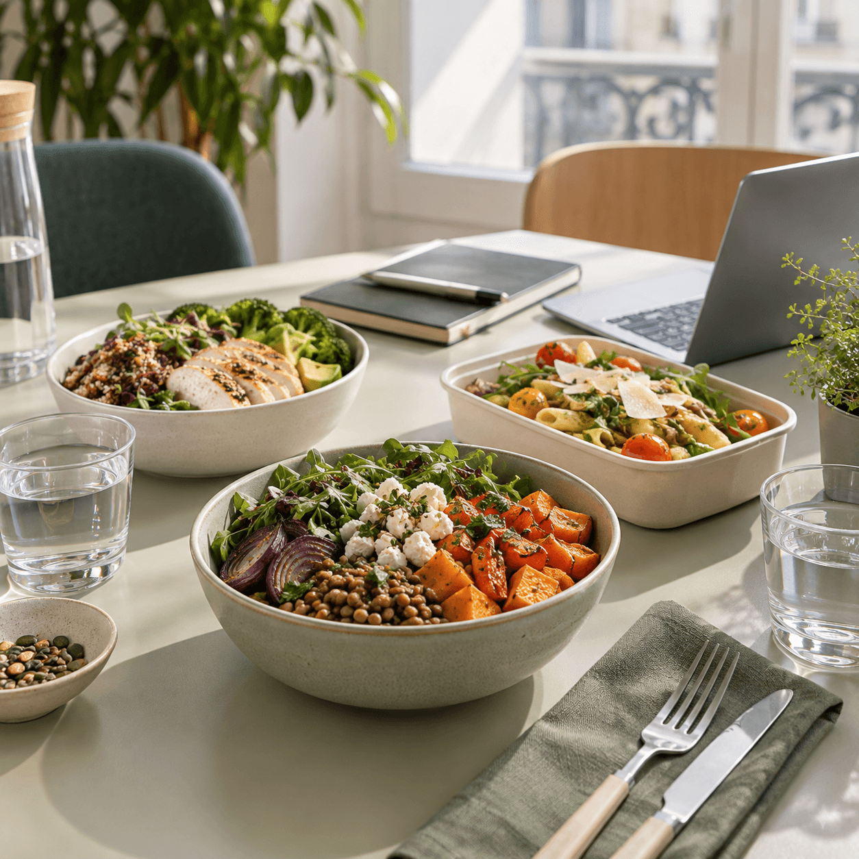 Trois repas individuels sur une table de bureau, dont un plat végétarien aux lentilles et légumes rôtis