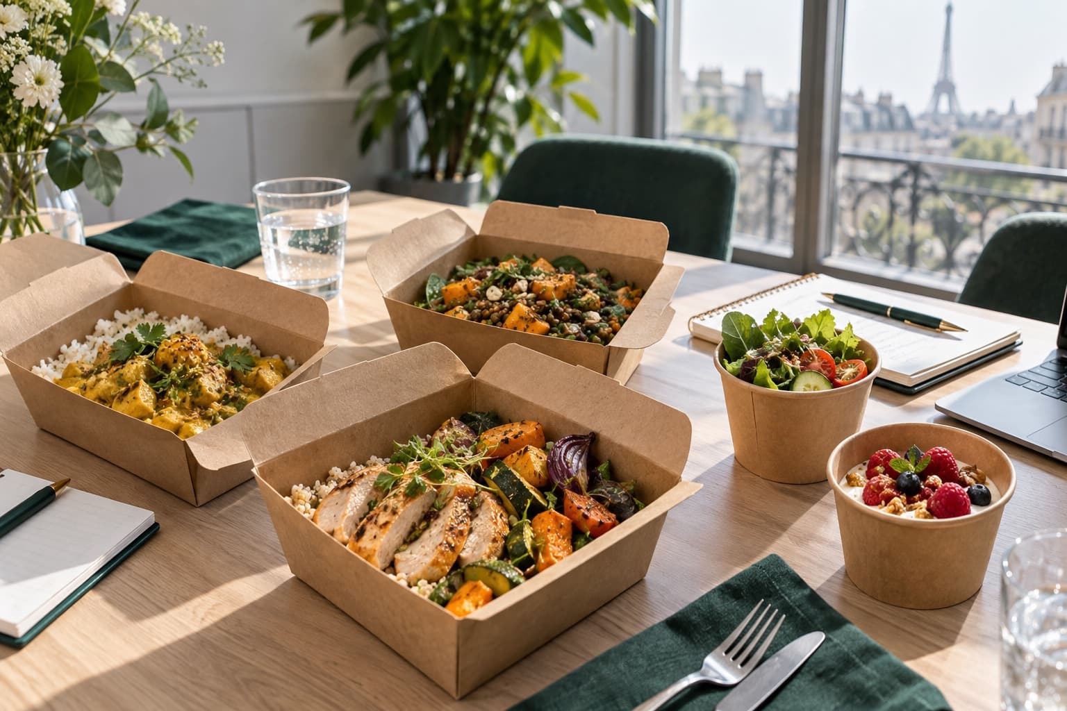 Cinq boxes déjeuner FRESOA disposées sur une table de réunion