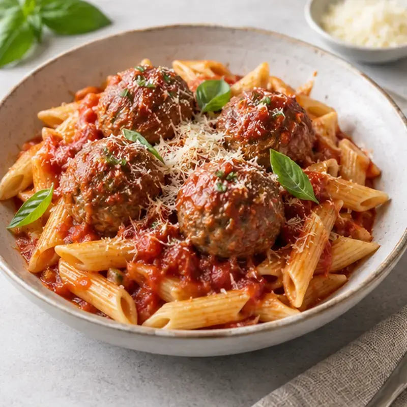 Boulettes de bœuf tomate-basilic, penne - plat FRESOA